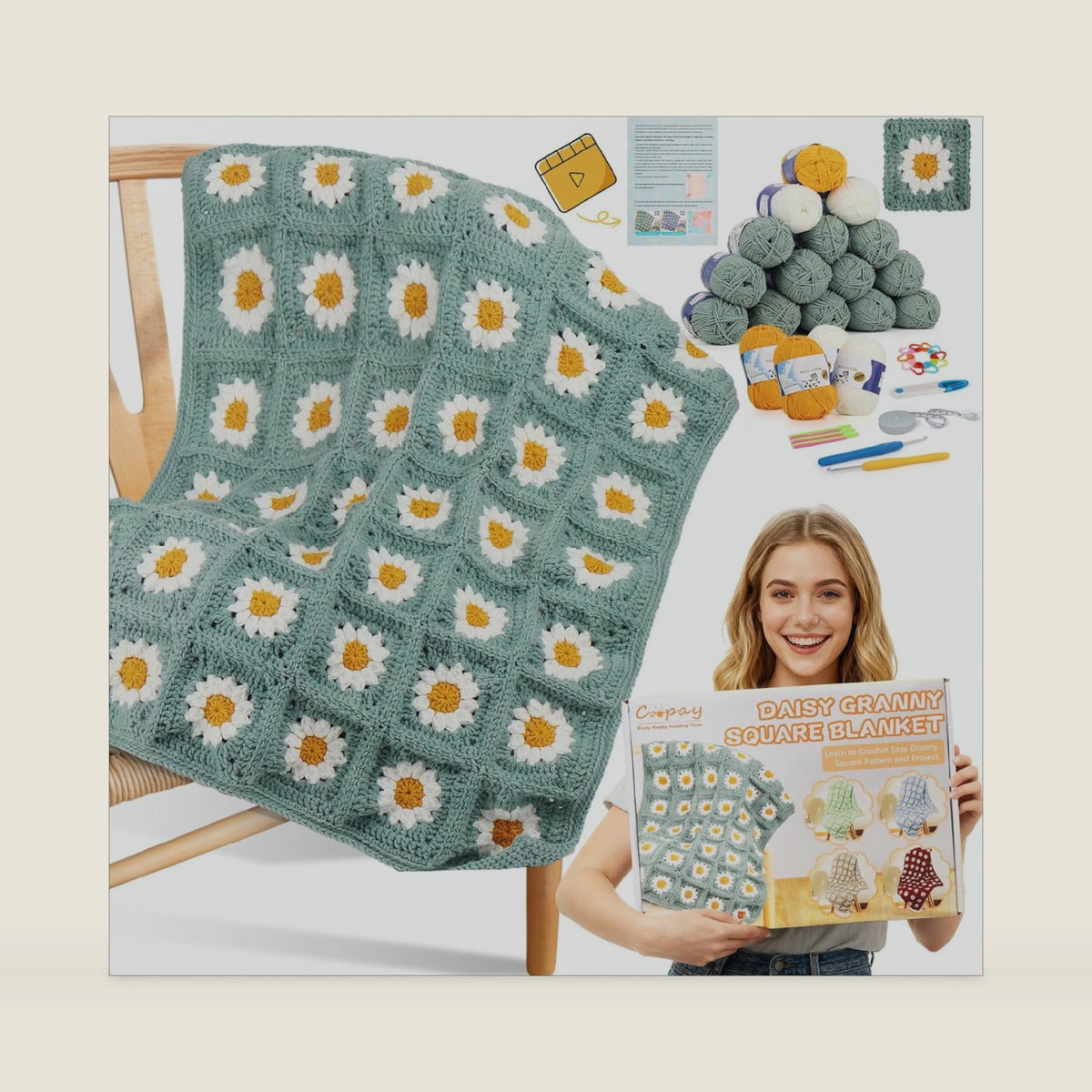 Coopay Crochet Kit for Beginners, Easy Granny Square Crochet Blanket Kit