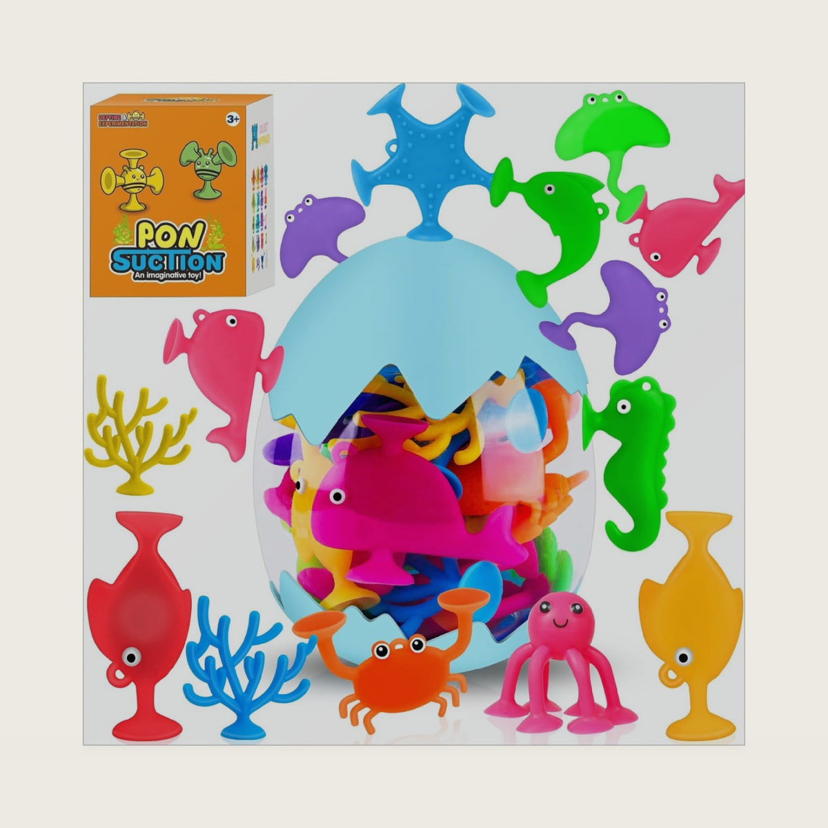 18PCS Suction Bath Toys for Toddler Kids, Mold Free Silicone Ocean Animals Suction Cup Bathtub Toys, No Hole Sensory Window Fidget Toys, Fun Creative Gift for Boys Girls with Eggshell