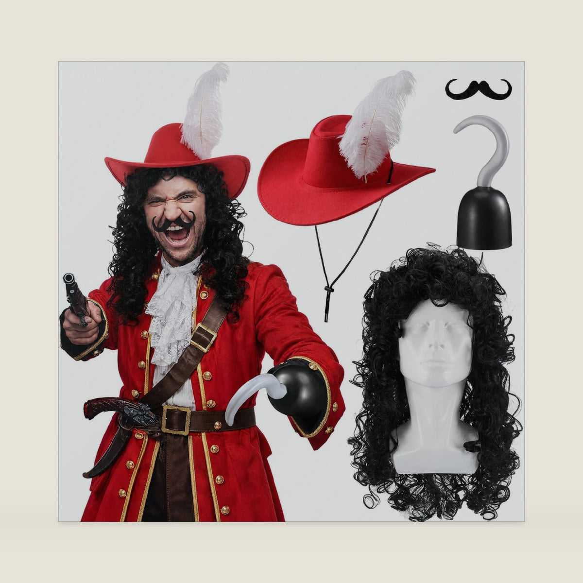 Pirate Costume Accessory 4 Pcs Hook Hat Wig Beard for Cosplay Red