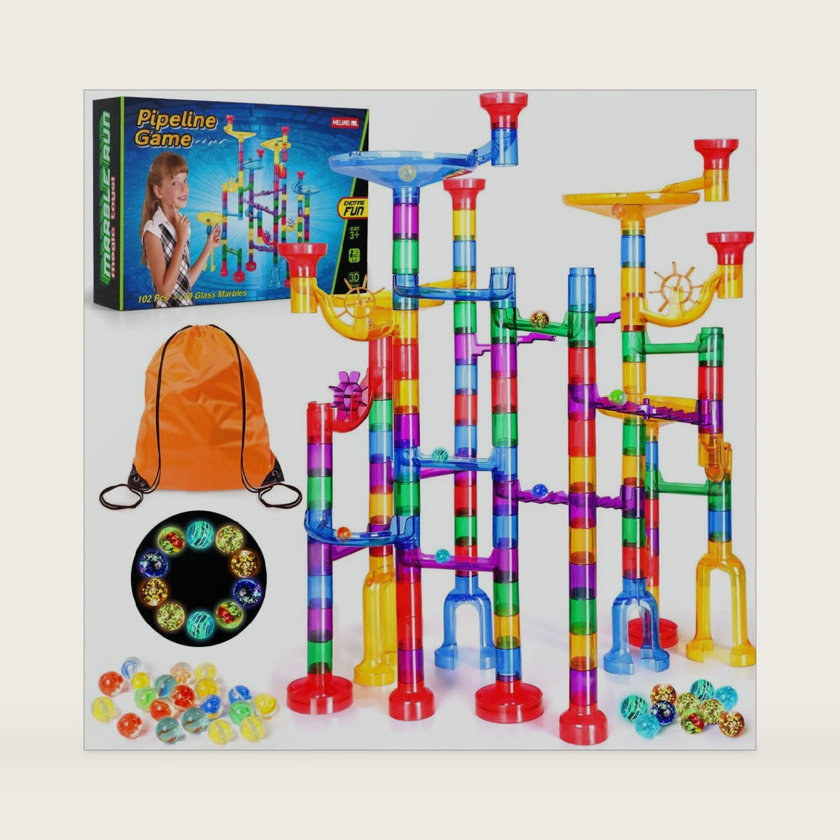 Meland Marble Run - 132Pcs Marble Maze Game Building Toy for Kid, Marble Track Race Set & STEM Learning Toys for Boy Girl Age 3 4 5 6 7 8 9+ (102 Translucent Marbulous Pcs & 30 Glass Marbles)