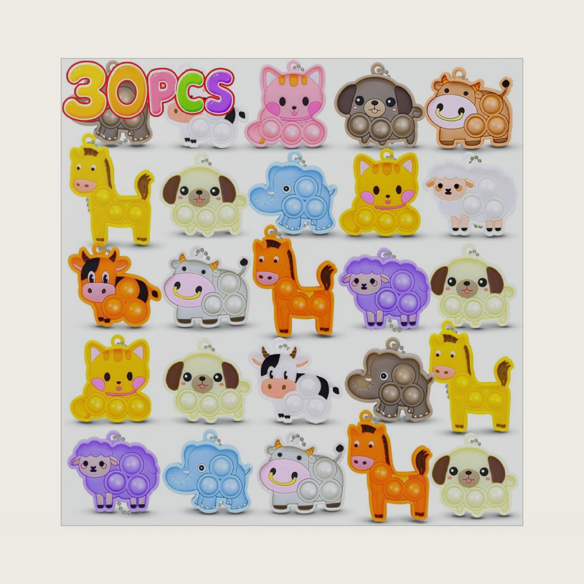 30pcs Animal Pop Keychain Bulk, Kids Party Favors, Classroom Prizes