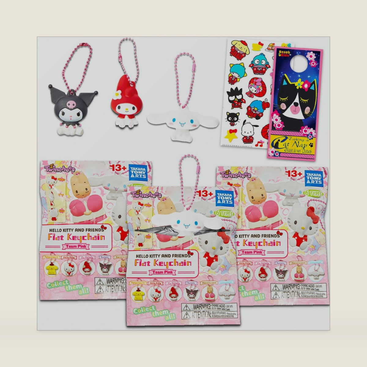 Flat Keychain Blind Bag Set - 3 Pack Mystery Bundle with Collectible Flat Charms Featuring , My Melody, Kuromi, More