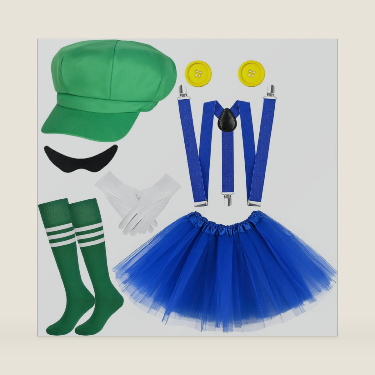 Kavoc Green Hat with Thigh-high Socks Royal Blue Tutu Skirt Suspender Fake Mustache Button Gloves for Halloween Party