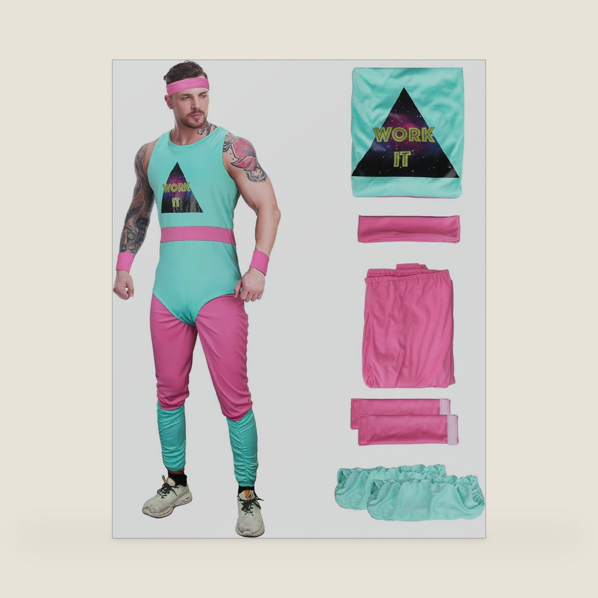 5 Pieces Mens 80s Workout Costume Sportswear Fitness Exercise Bodysuit Blue Leotard Leggings Leg Warmers Headband