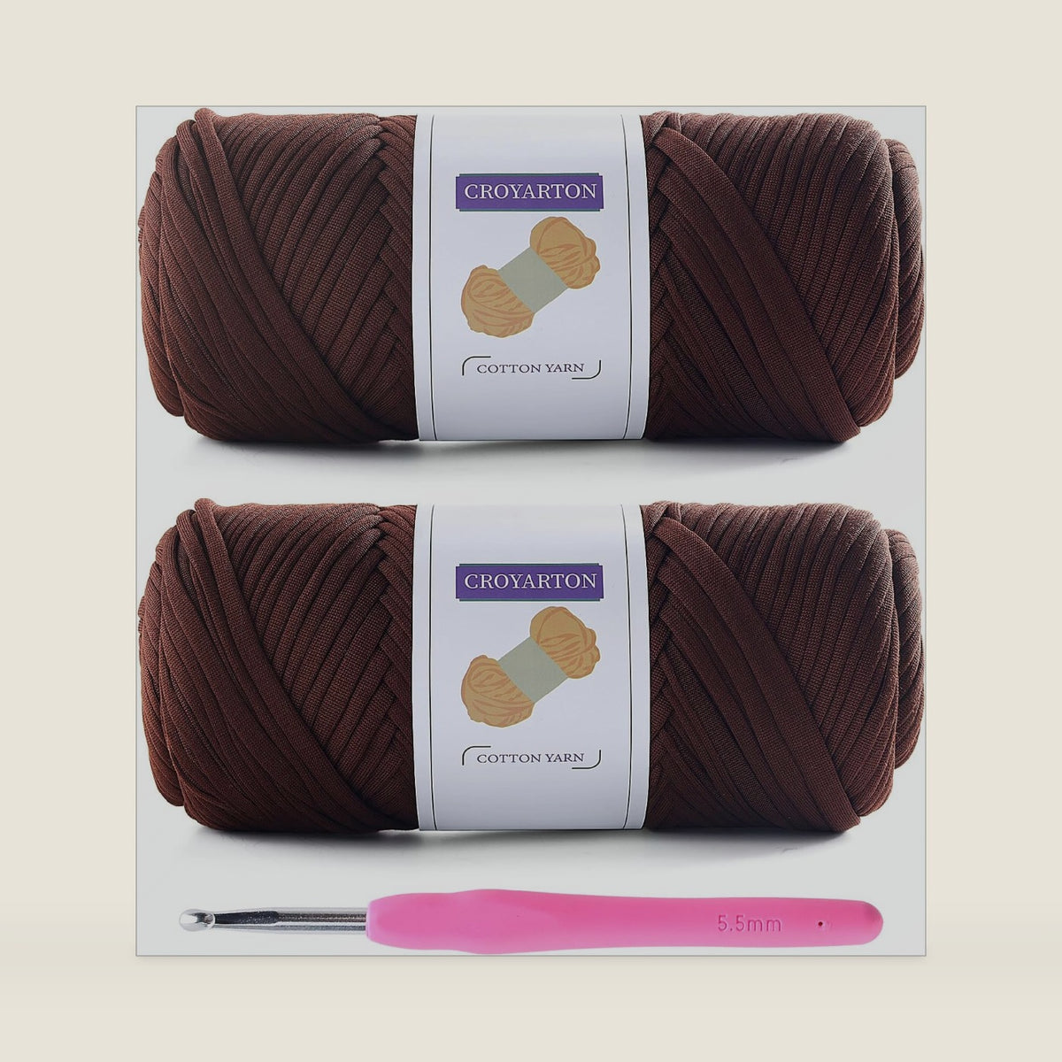 2 Pack T Shirt Yarn for Crocheting with 1 Crochet Hook, Elastic Tshirt Yarn for Crochet Bag/Baskets/Home Decor, Spaghetti Yarn Thick Knitting Yarn Total Length 130 Yds, Weight 14 Oz (Deep Coffee)