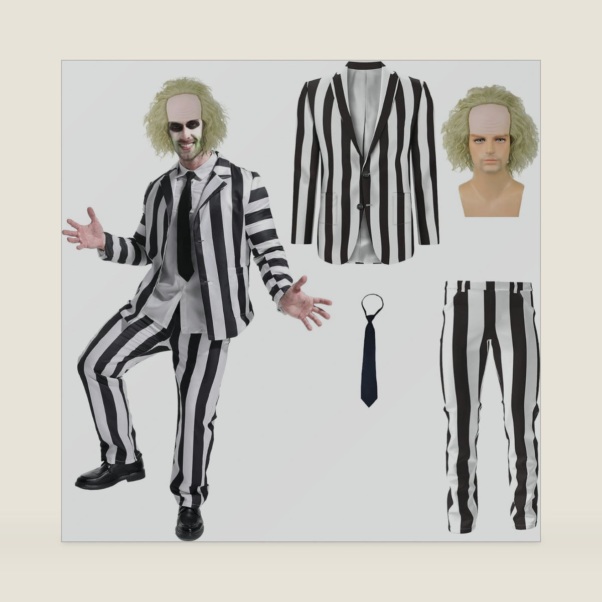 Men's Stripe Suit,4 Pcs Black & White with Wig,for Halloween