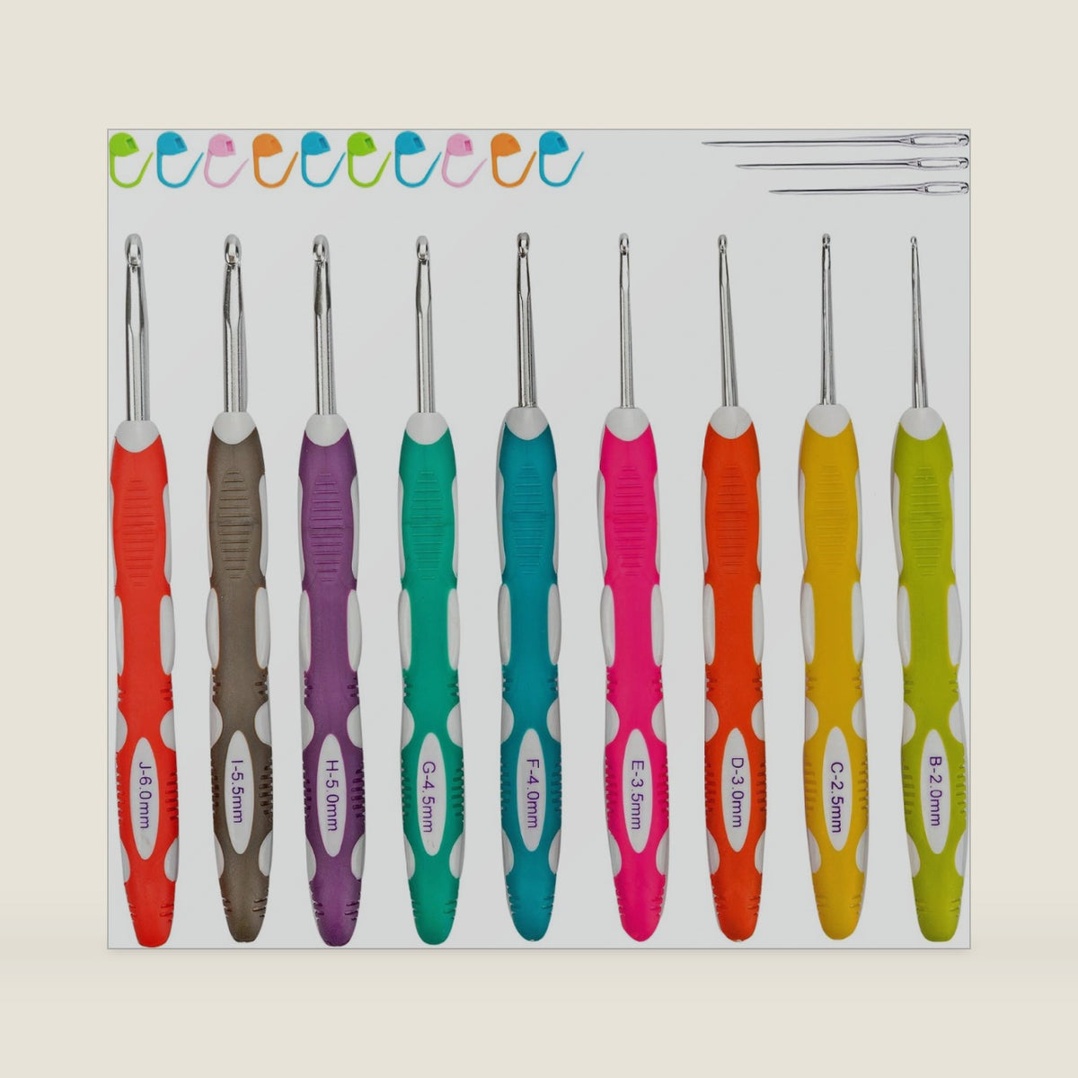 Ryhiac 9 PCS Longer Ergonomic Crochet Hooks Set USA Standard Size B to J 2.0mm-6.0mm Soft Grip Handles Smooth Crochet Needles Knitting Needles for Arthritic Hands,Beginners(Set C)