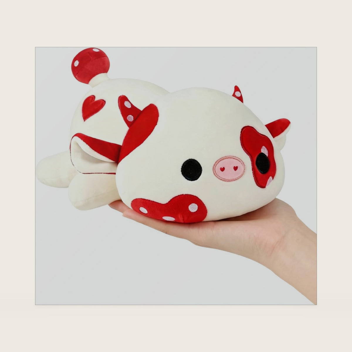 Onsoyours 9 Inch Cow Plush, Cute Mushroom Love Cow Red and White Stuffed Animal, Little Ultrasoft Plush Toy Gift for Kids