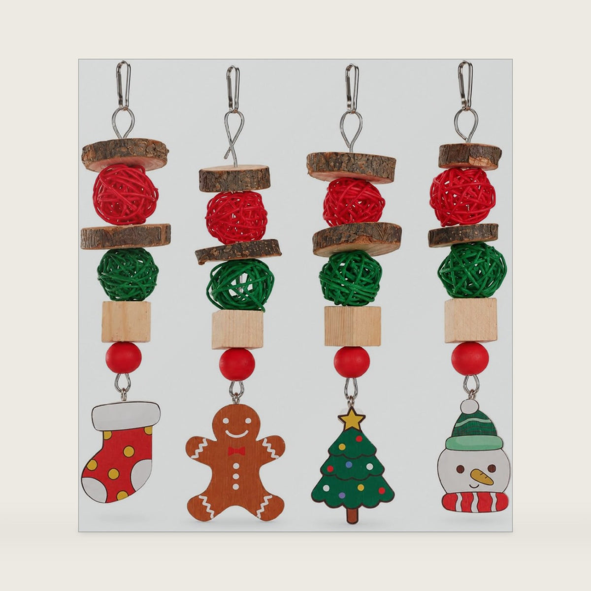 4 Packs Christmas Small Animals Toys Treats for Teeth Grinding- Gingerbread Christmas Tree Socks Snow Man Cage Hanging Accessories for Guinea Pig Bunny Rabbit Cane Hamster Chinchilla