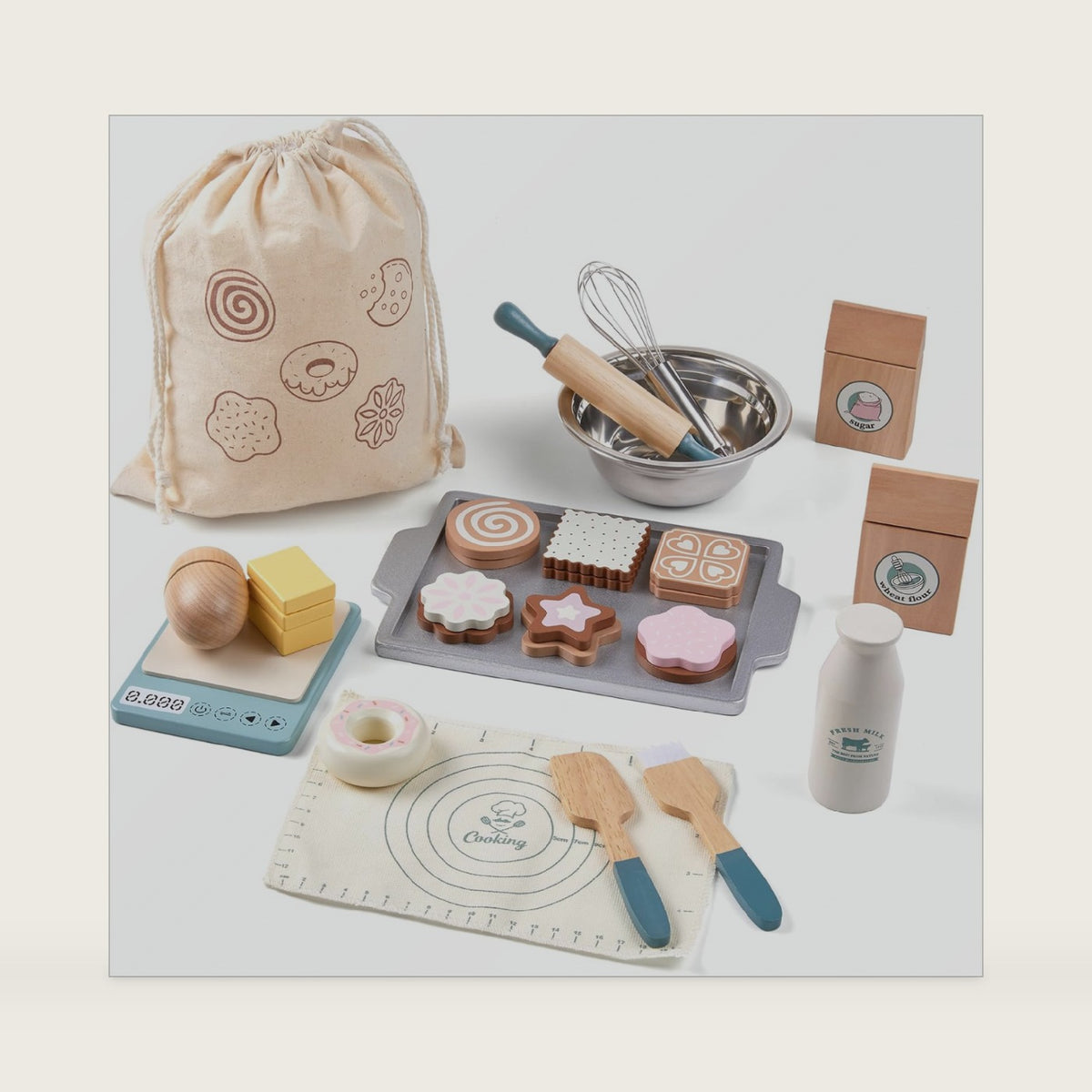 Wooden Play Food Sets for Kids, Pretend Play Kitchen Accessories with Shopping Bag, Cutting Toys, Gift for Boys and Girls Ages 3-6
