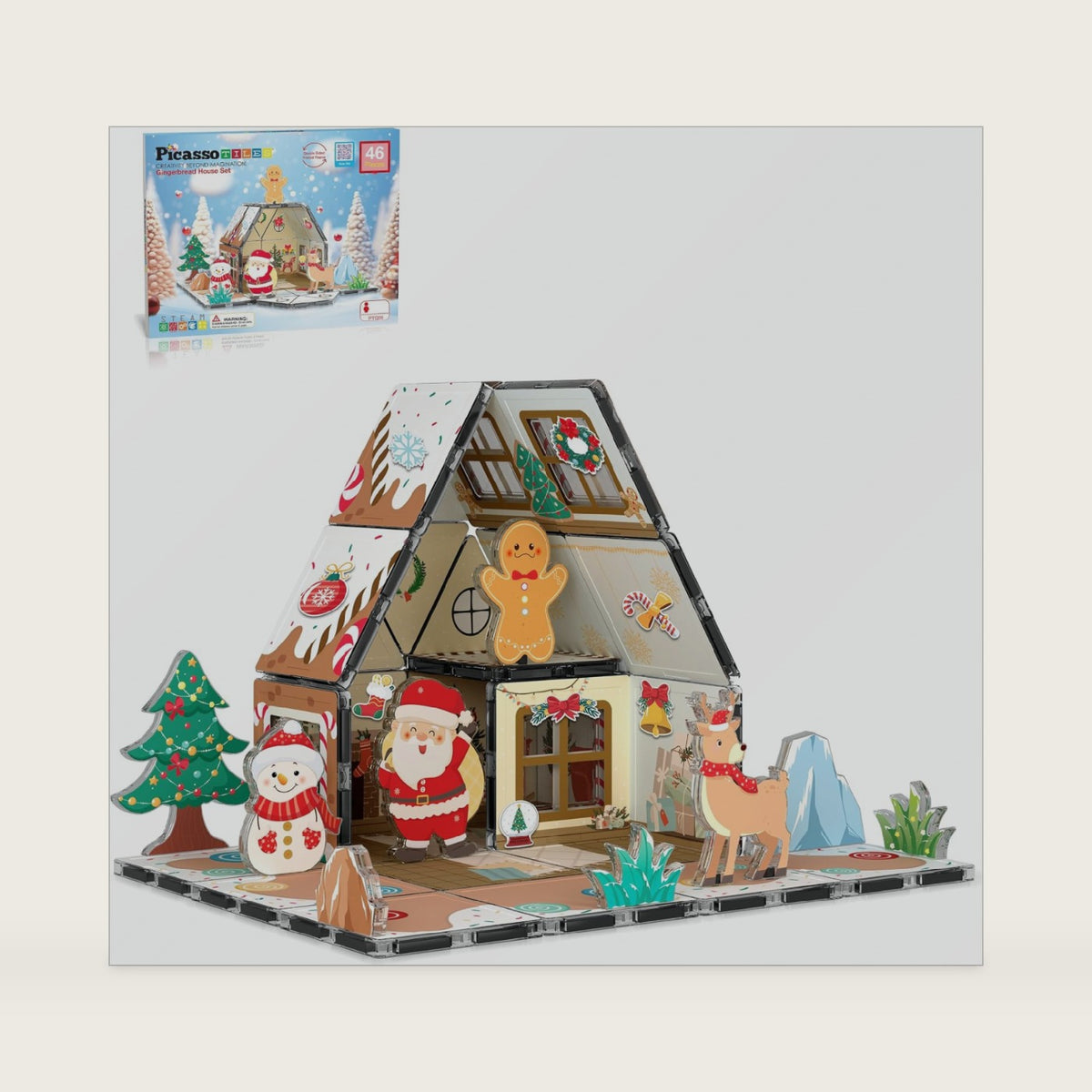 PicassoTiles Magnetic Tiles Gingerbread House Holiday Character Action Figures Santa, Snowman, Deer Winter Theme Construction Kit Magnet Building Blocks STEM Learning Gifts Toddler Toys Ages 3+ PTQ09