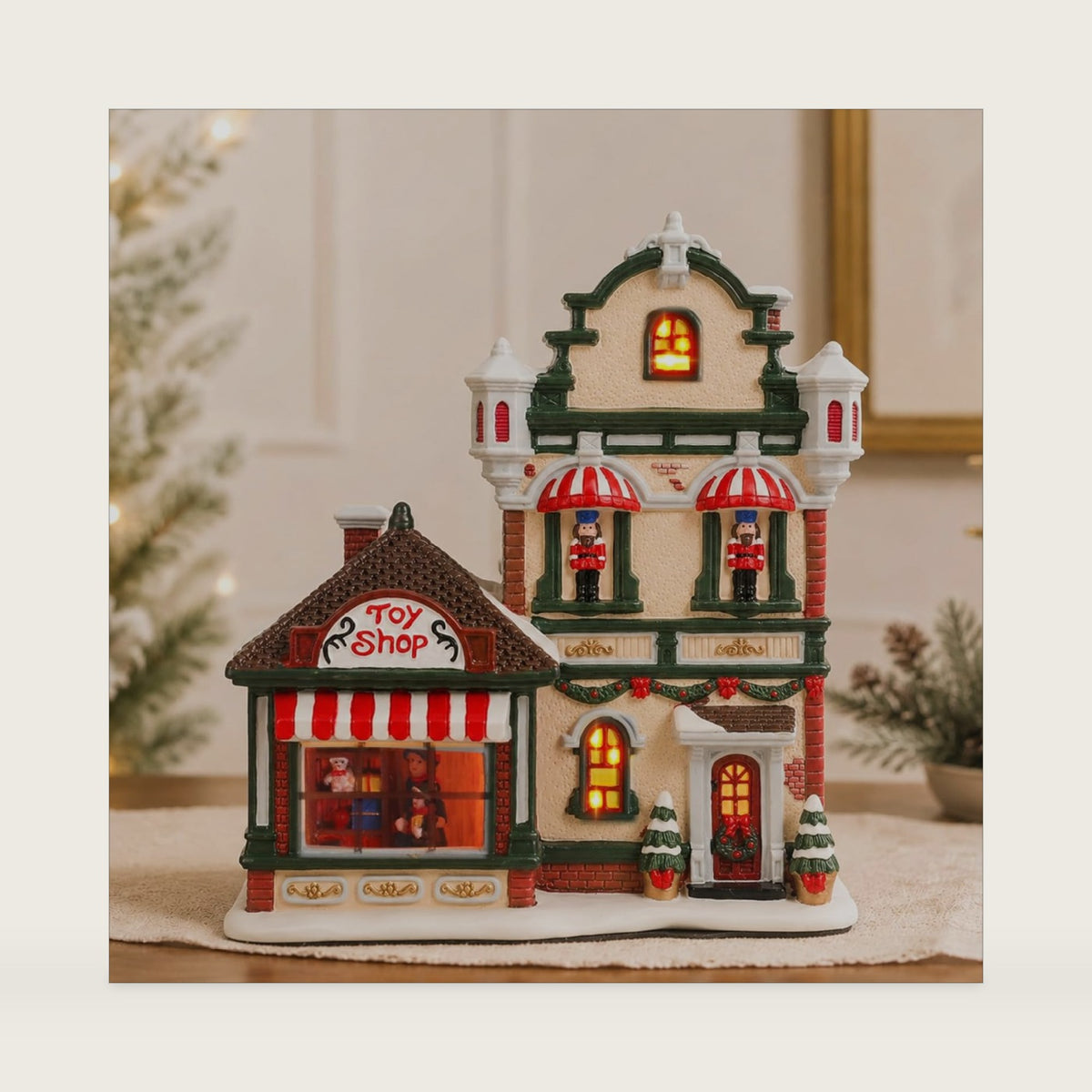 Christmas Village Houses, Lighted Ceramic Toy Shop House, Holiday Display