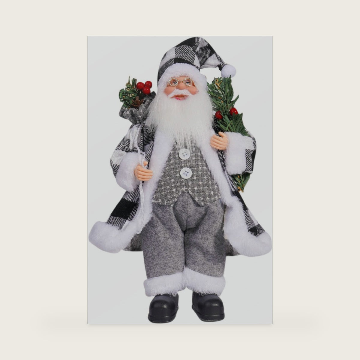 12" Christmas Santa Figurines Standing Black and White Buffalo Plaid Santa Claus Figure Holding Gifts Bag with Artificial Green Spruce & Red Berry for Holdiday Winter Home Table Xmas Party, A