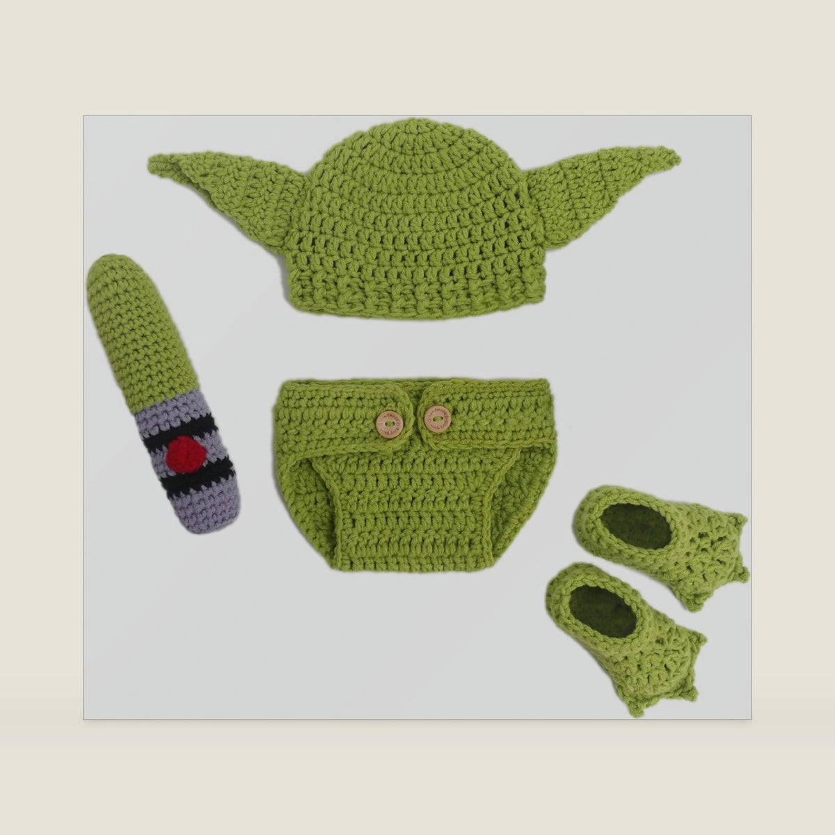 DICHA Handmade Crochet Costume- 4-Piece Set: Hat, Diaper,Booties Shoes and Accessories - Baby Photography Props for Newborns 0-3 Months - Soft Yarn Green Alien Style Baby Photo Prop