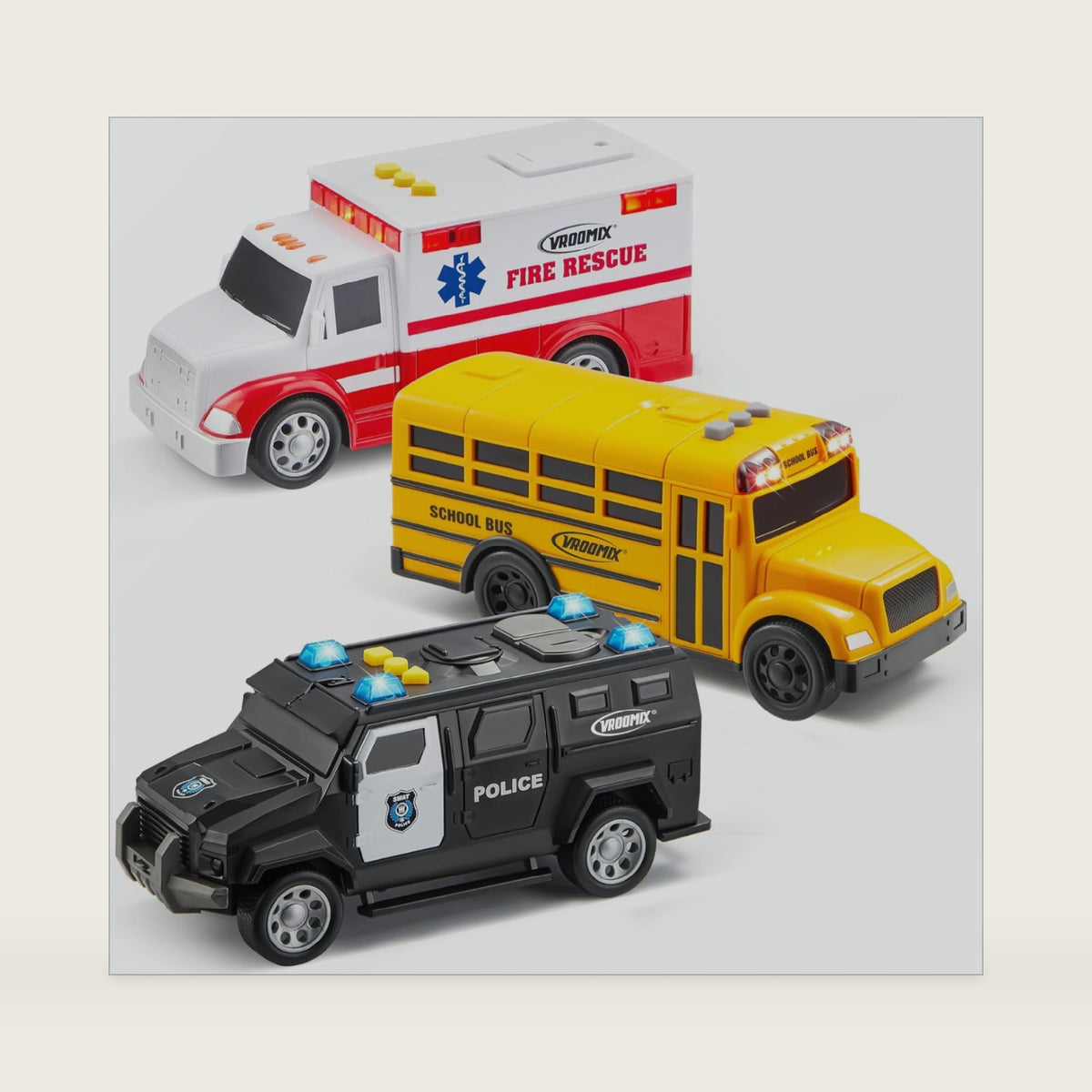 Vroomix Emergency and School Vehicle Toy Set – Friction Powered Police Car, Ambulance, Bus with Lights and Sounds – Educational and Safe Toy for Kids, Birthday Gift Boys and Girls