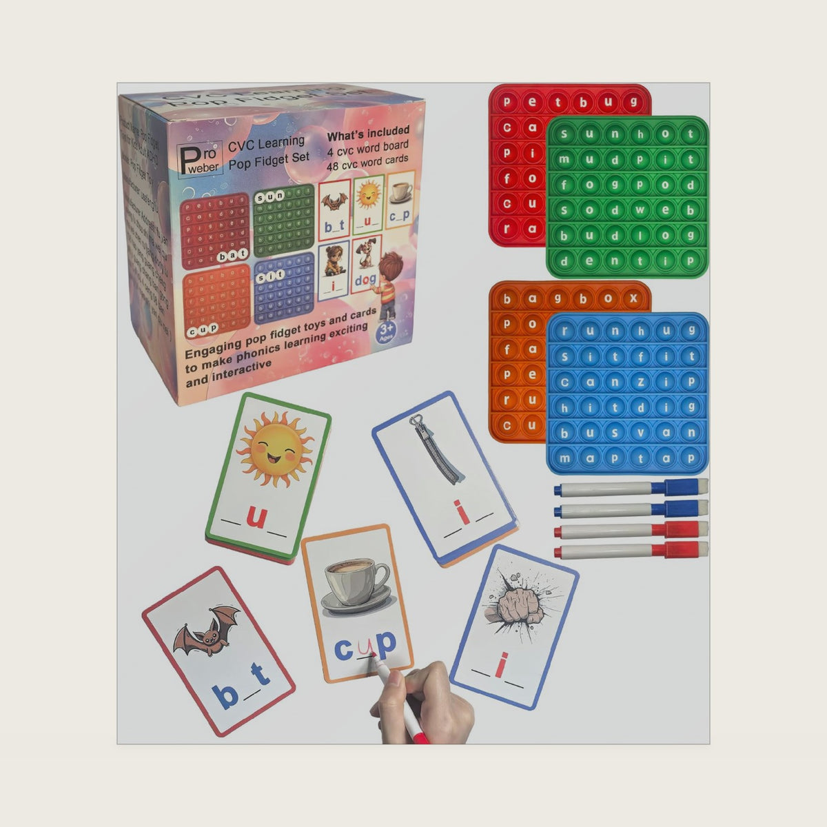 CVC Word Spelling Game for Kids, 48 Flash Cards and 4 Pop Boards