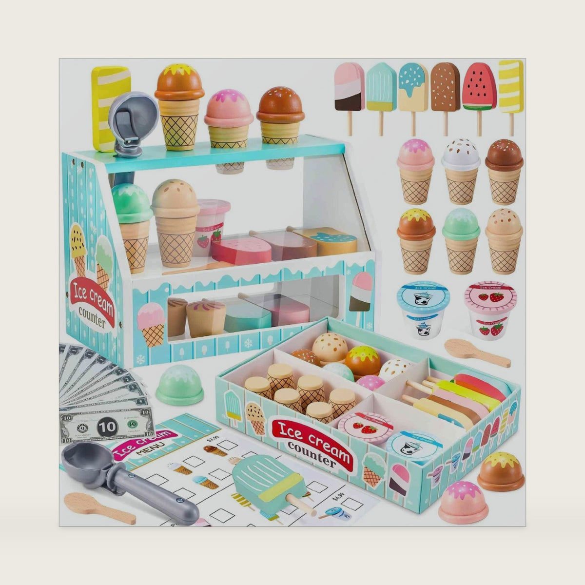 WHOHOLL Wooden Ice Cream Counter Playset for Toddler Girl Toys, Play Store Pretend Toy Food Play Kitchen Accessories with Fake Money & Coin, Christmas Birthday Gifts for 3+ Year Old Kids (Green)