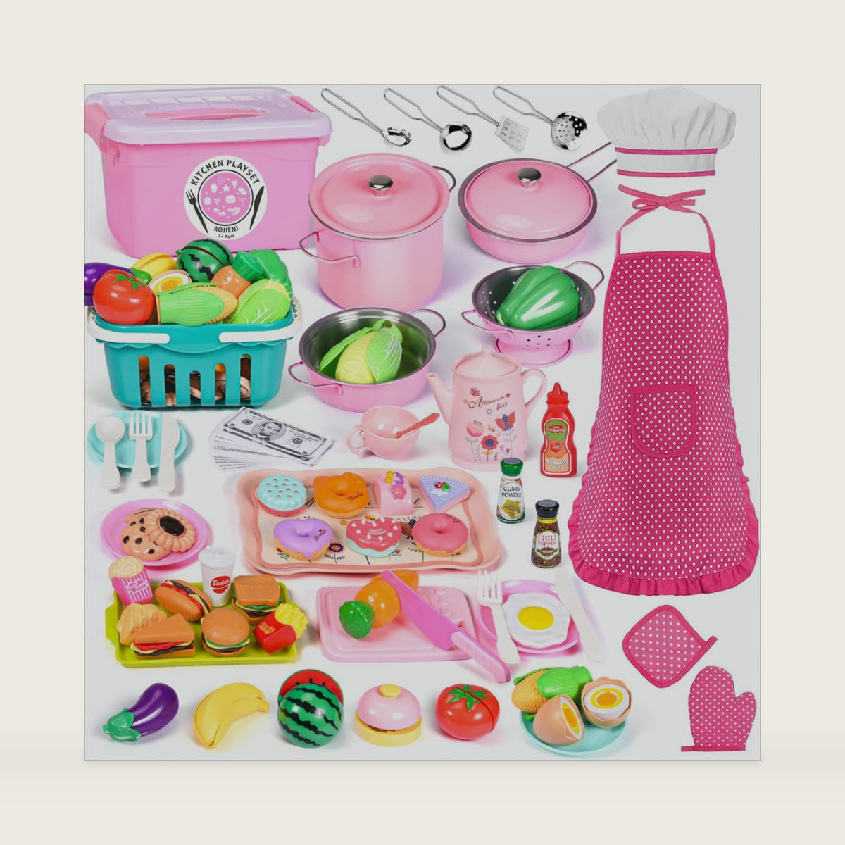 121PCS Play Kitchen Accessories, Kids Kitchen Playset, Pretend Play Food