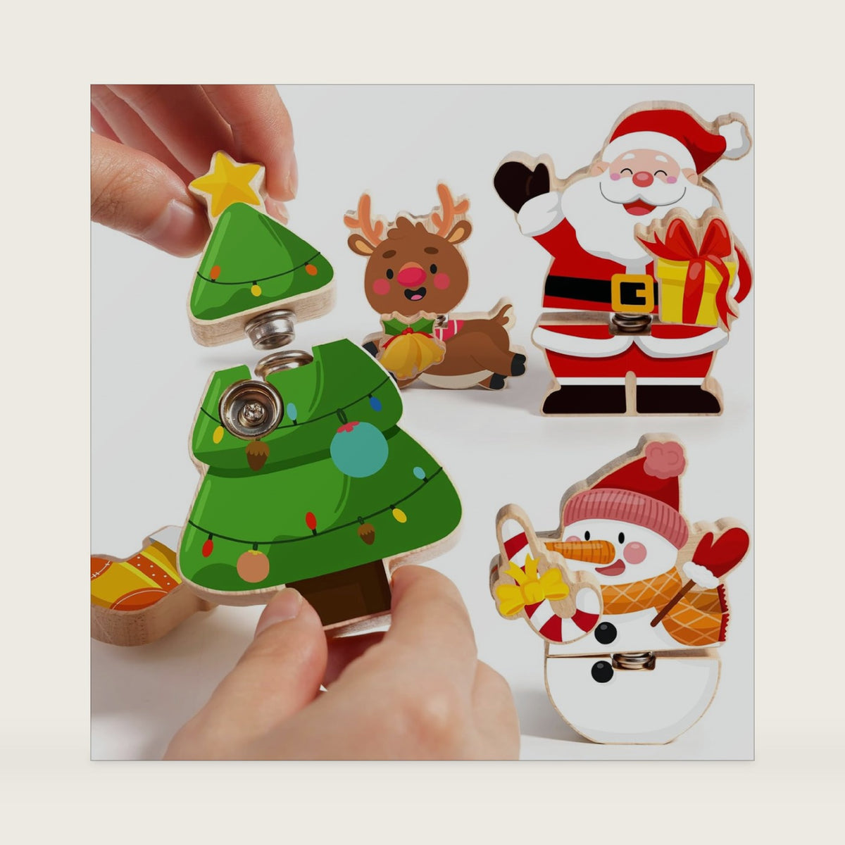 HUZU Wooden Snap Together Button Building Blocks for Kids 3-8, Easter and Animals 3D Puzzle Toys, Montessori Educational STEM Fine Motor Skills Learning Toys (Christmas Friends)