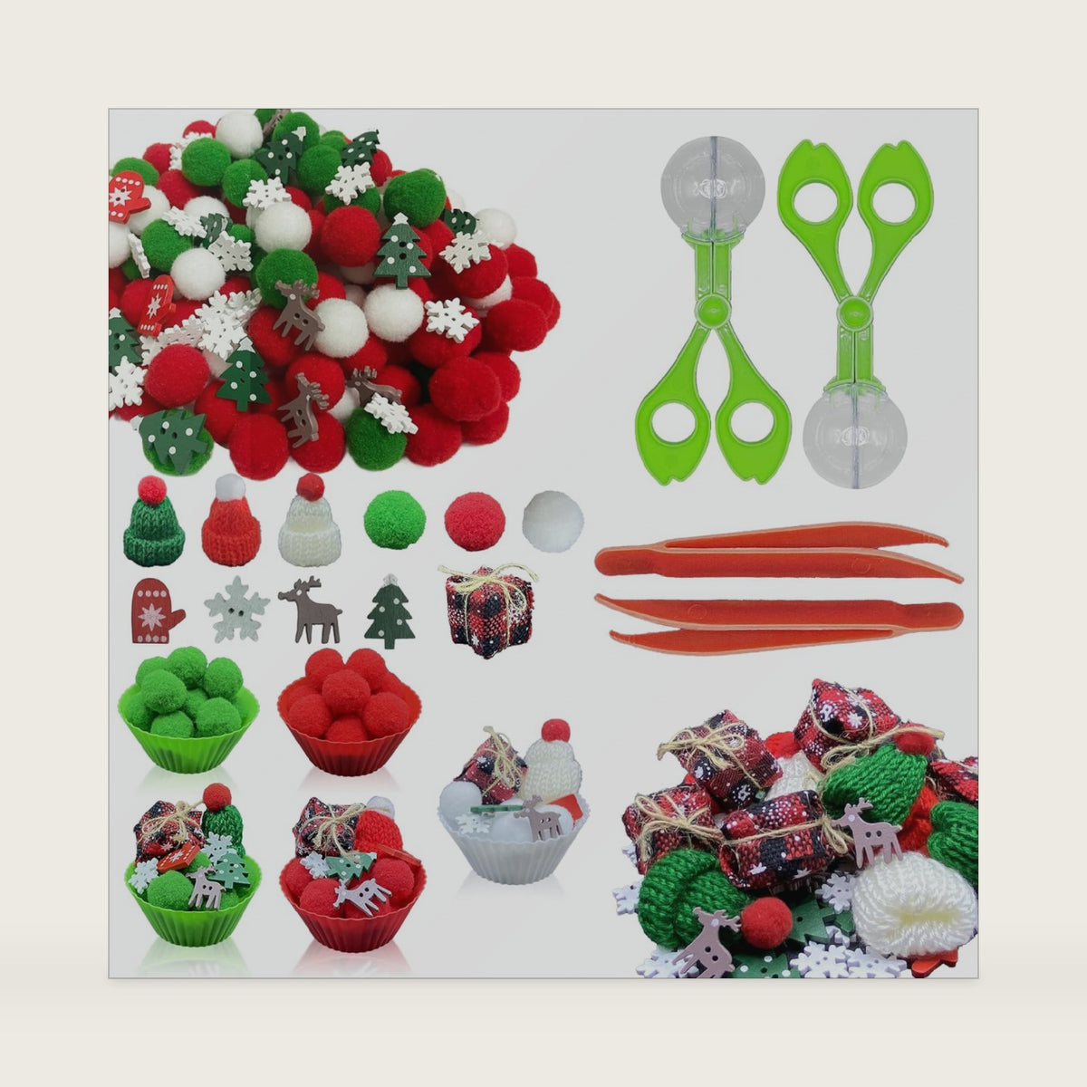 176 Pcs Christmas Sensory Bin Filler Fine Motor Toys Counting Sorting Winter Sensory Bin Items 100 Pom Poms 50 Wodden Ornaments 10 Xmas Knit Hats 5 Xmas Gift Boxes for Early Childhood Education