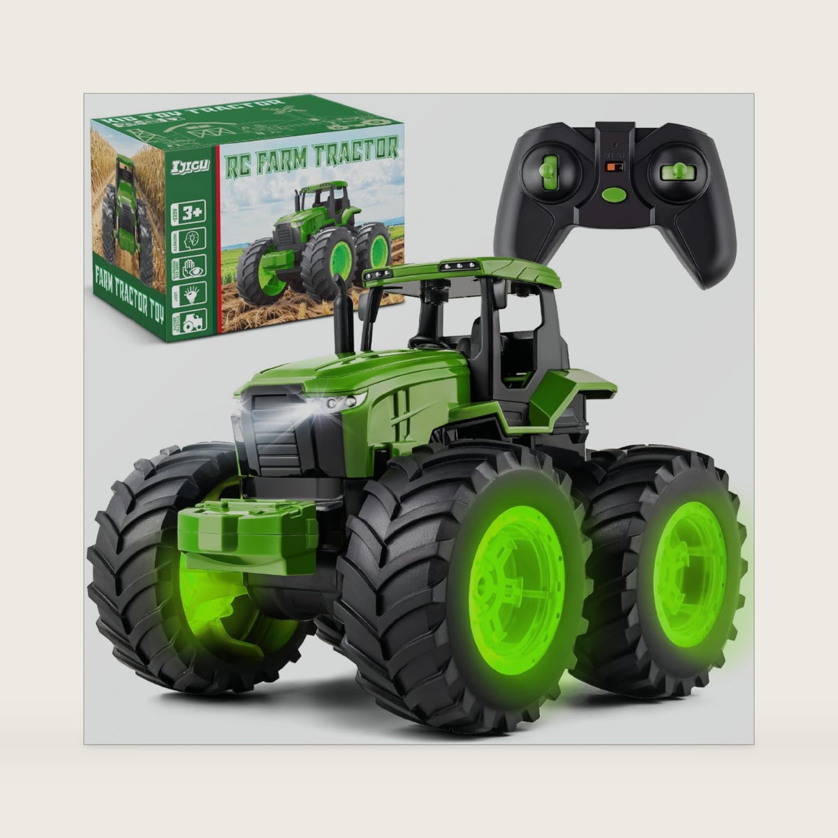IJIGU Remote Control Tractor Toys, Light Up Farm Monster Trucks Toy for Boys 3, 4, 5, 6, 7 Year Old, 2.4 Ghz RC Tractor Toys, Ideal Christmas, Birthday Gifts for Kids
