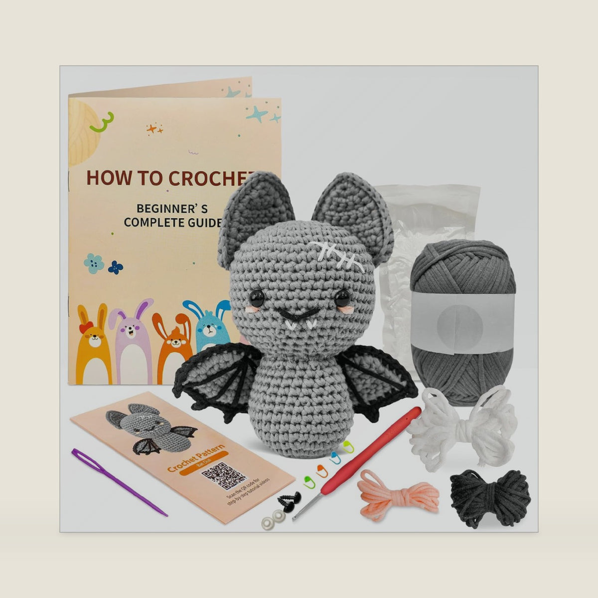minimal beee Bat Crochet Kit for Beginners - DIY Halloween Craft Gift with Animal Yarn, Easy Knitting Supplies for Adults, Complete Starter Crochet Set with Needles & Instructions