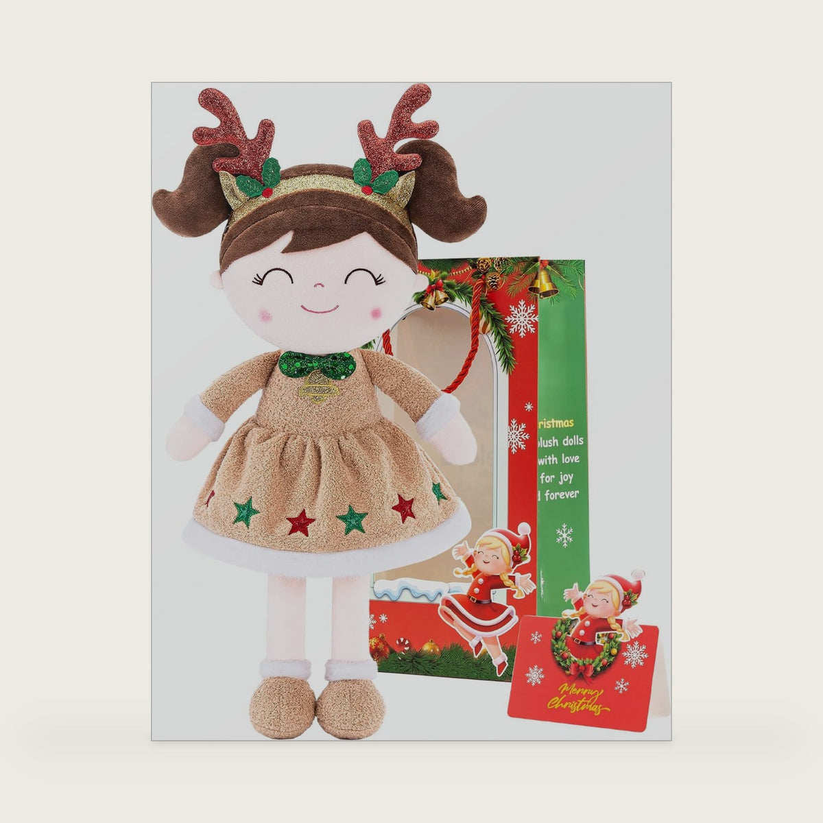 Gloveleya Soft Plush Doll Christmas Girl Dolls with Reindeer, Gift Box & Free Card - Perfect Holiday or Birthday Gift for Toddlers 2-8 Ages