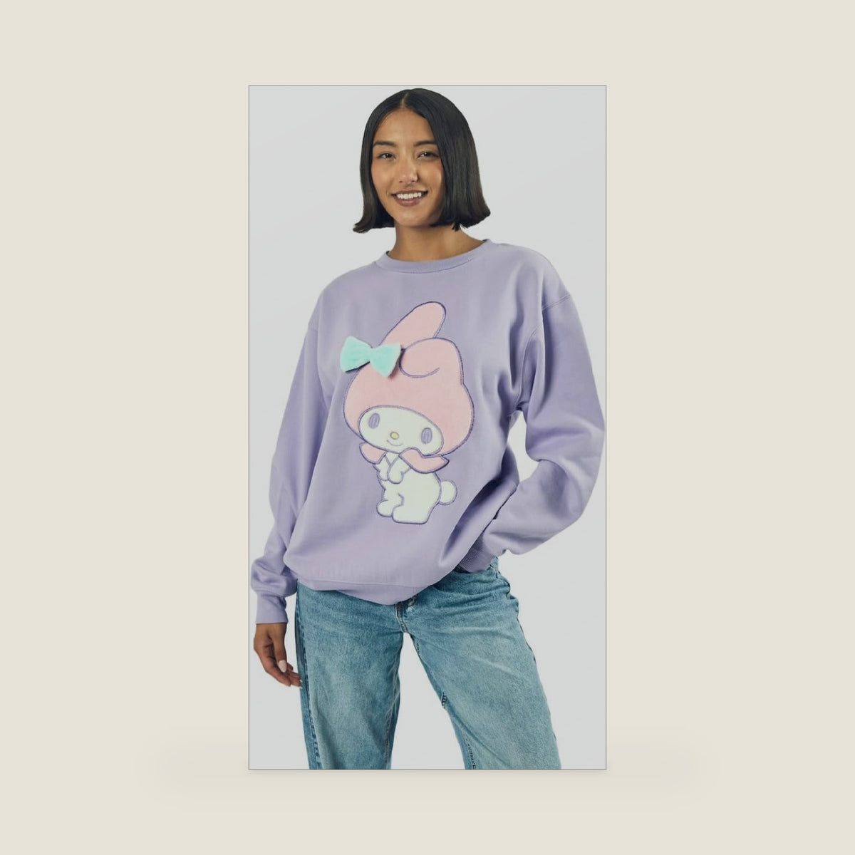 My Melody Big Face Plush Character Women's Purple Crew Neck Long Sleeve Oversized Fleece Sweatshirt