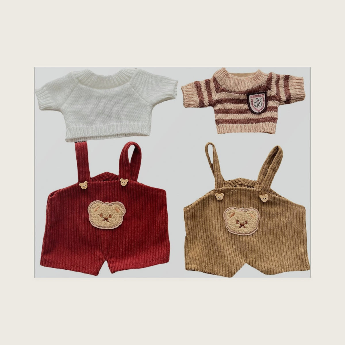 9-12"/30cm Plush Outfit Set: Knit Sweaters + Corduroy Overalls for Medium Bartholomew Bear Doll Clothing for Fuller-Figured Teddy Bears (NO Doll)