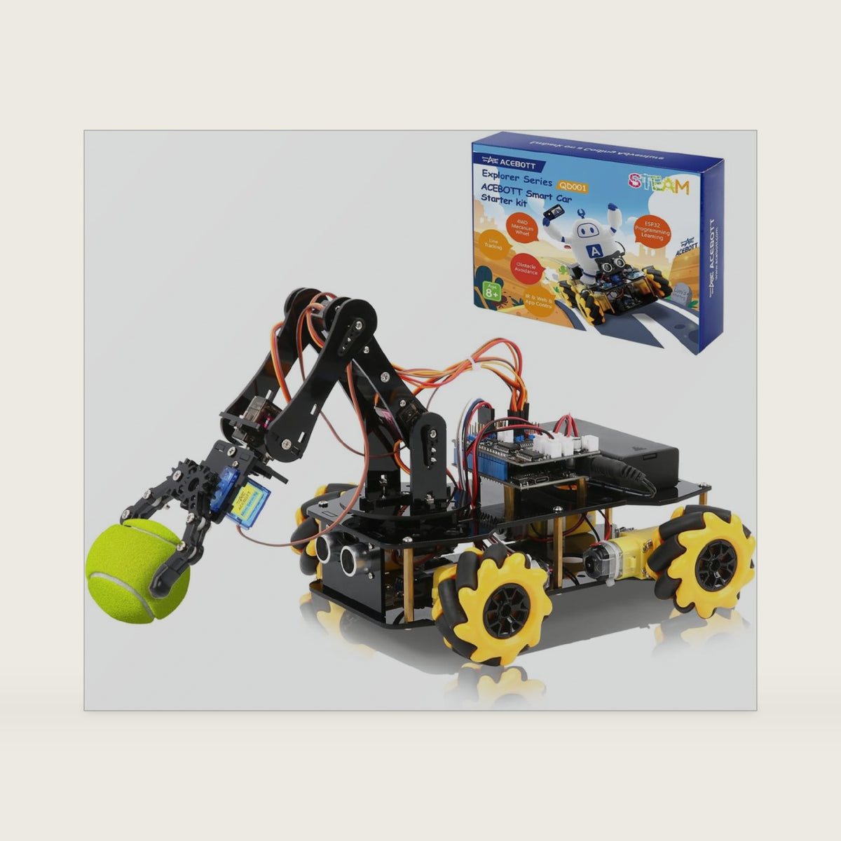 ACEBOTT 5DOF Smart Robot Arm Car Kit, 4WD Remote Control Car Compatible with Arduino/Python/Blockly Programming Project/STEM Education/Science Coding Kit for 12+ Teens and Adults Unique Gifts