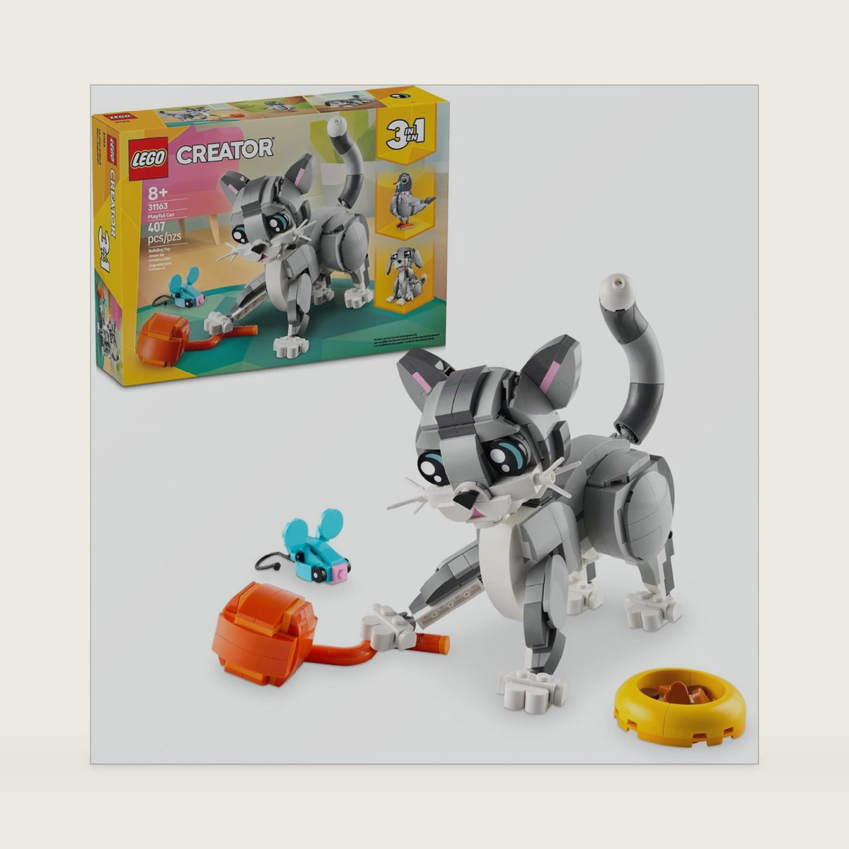 LEGO Creator 3 in 1 Playful Cat Toy - Building Toy with 3 Building Options, Cat, Dog, or Pigeon - Birthday Gift for Kids - Animal Figures for Kids, Girls and Boys, Ages 8+ - 31163