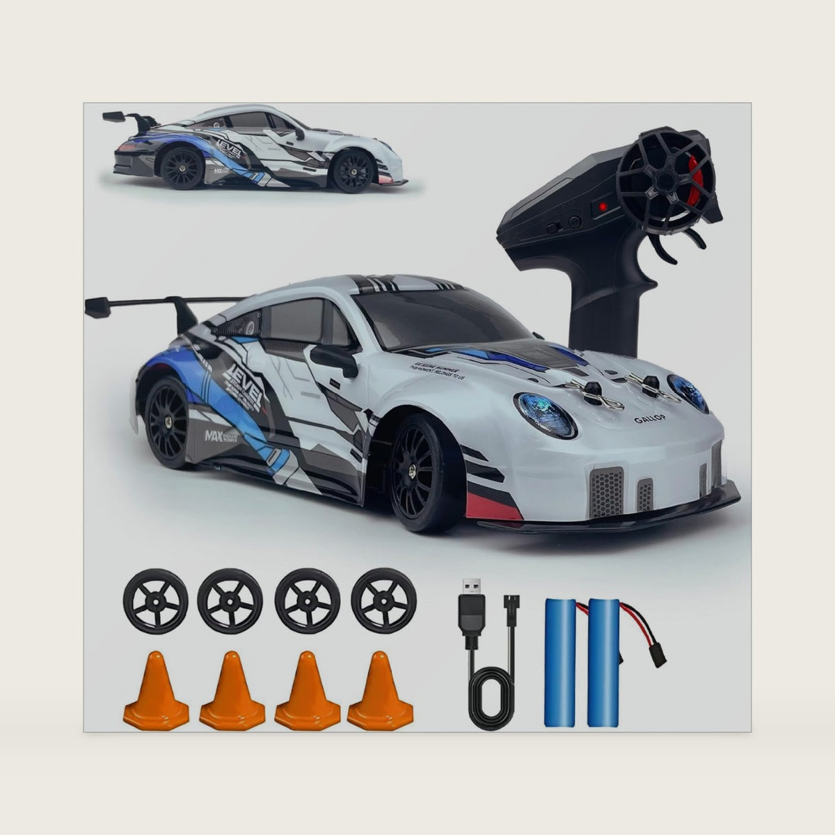 HTURCCOP RC Drift Car 2.4GHz 1:24 Scale 4WD High Speed Remote Control Cars Vehicle with LED Lights Two Batteries and Drifting Tires Racing Sport Toy Cars for Adults Boys Girls Kids