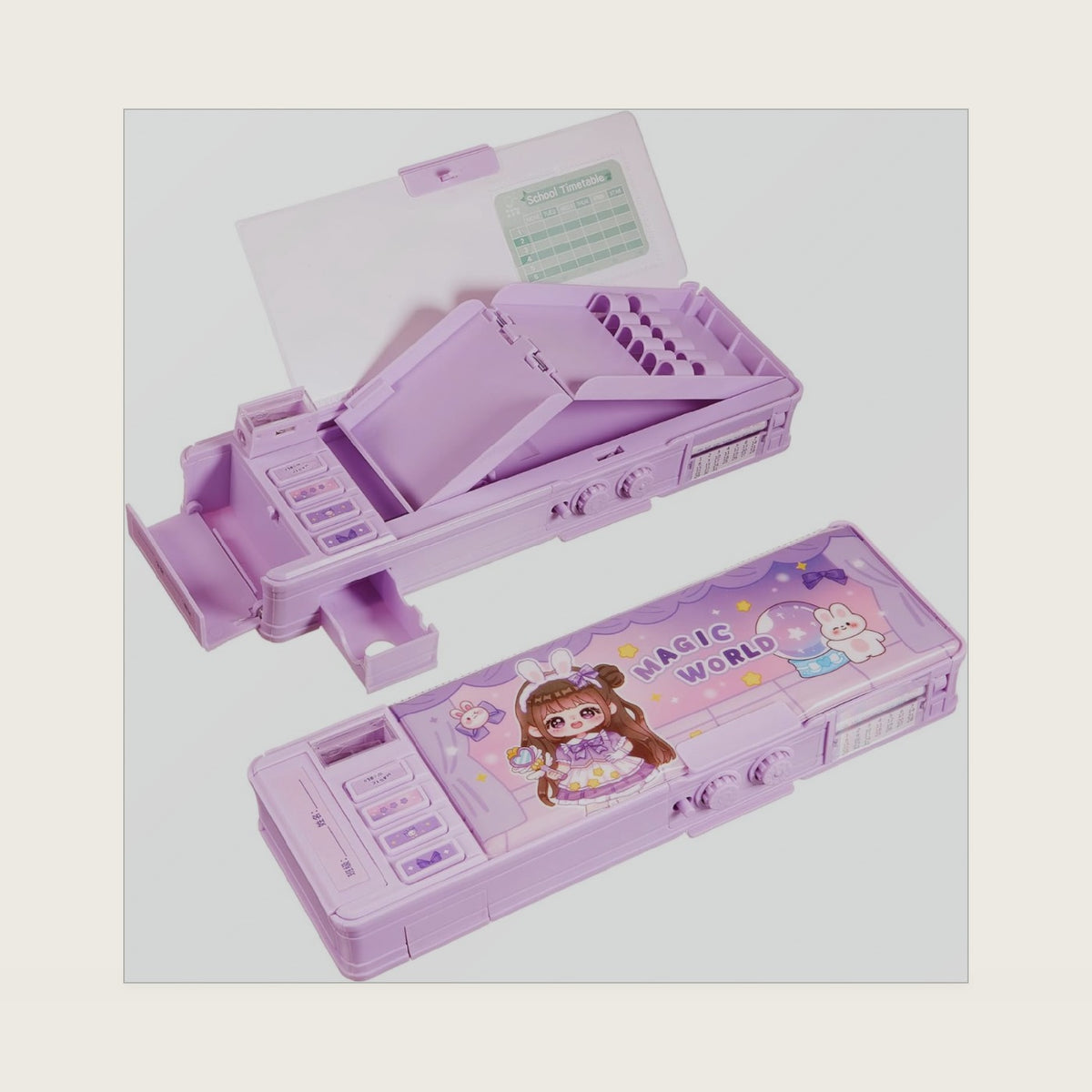 Multifunctional Pop up Pencil Case for Girls, Cute Cartoon Pen Box Organizer with Password Lock, Sharpener, Schedule, Birthday Stationery Gifts for Kids (Purple, Magic World)