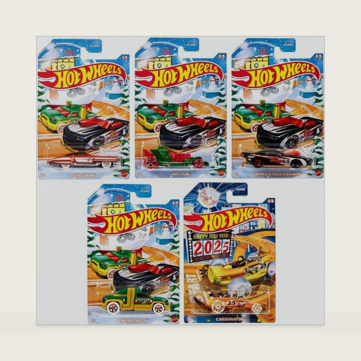 Hot Wheels 2024 Happy Holidays Christmas Mix Winter Set of 5 Pack, 1:64 Scale Diecast X-mas