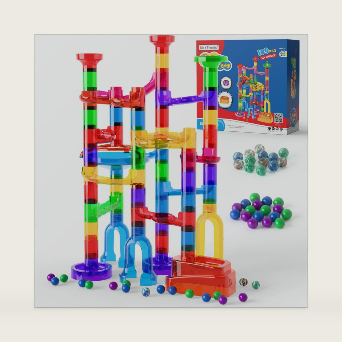 MaxTronic Marble Run kit, 109 Pcs Marble Maze Race Building Blocks Toy Game & STEM Learning Toys Christmas Birthday Gift for Kids Aged 3-12