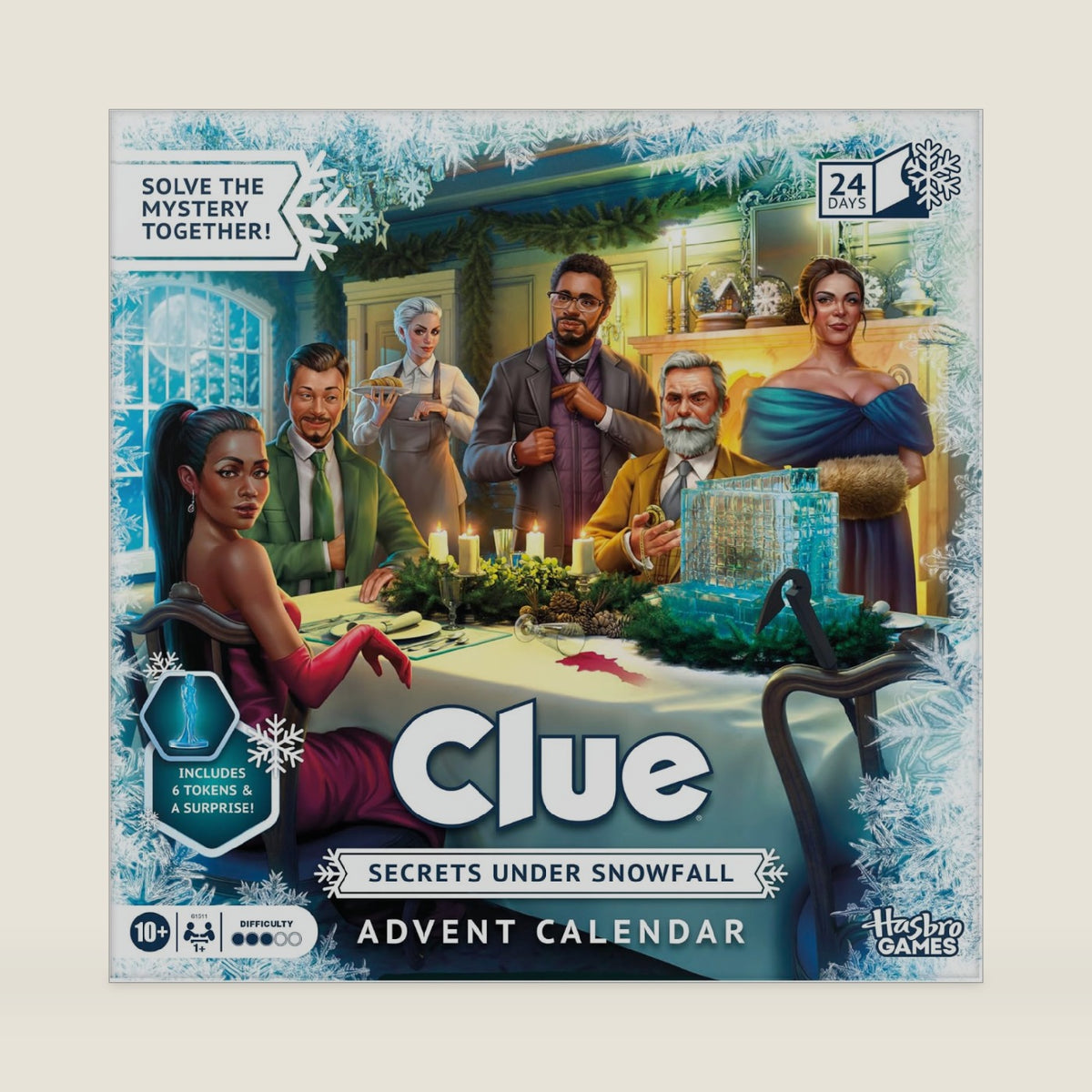 Clue Advent Calendar: Secrets Under Snowfall | 24 Days | Family Mystery Games | with 6 Winter-Themed Tokens and Surprise | Ages 10+ | 1+ Players