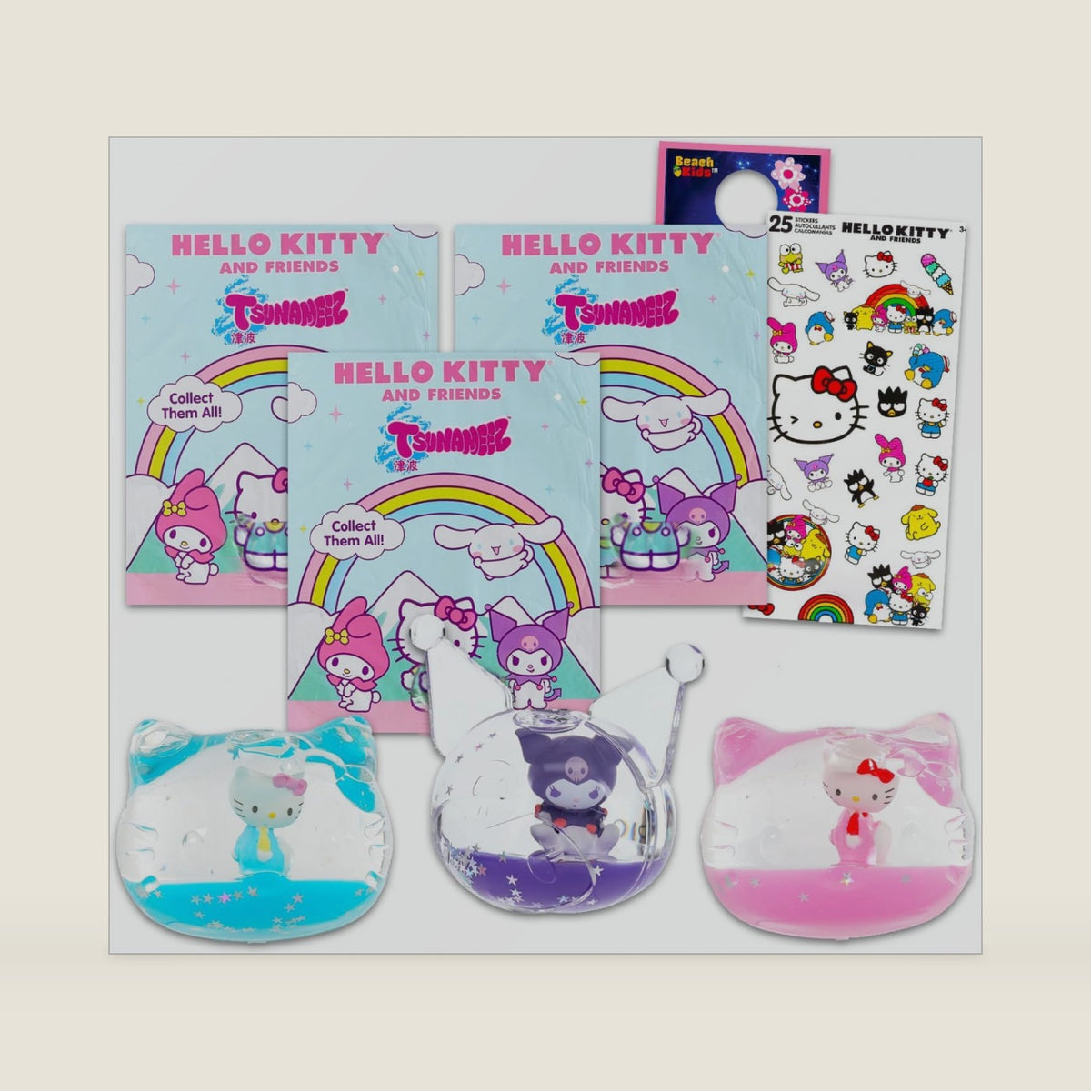 Tsunameez Keychain Set – Bundle with 3 Blind Bags Feat. Cinnamoroll, My Melody, Kuromi Mystery Head-Shaped Keyrings Plus Stickers & More