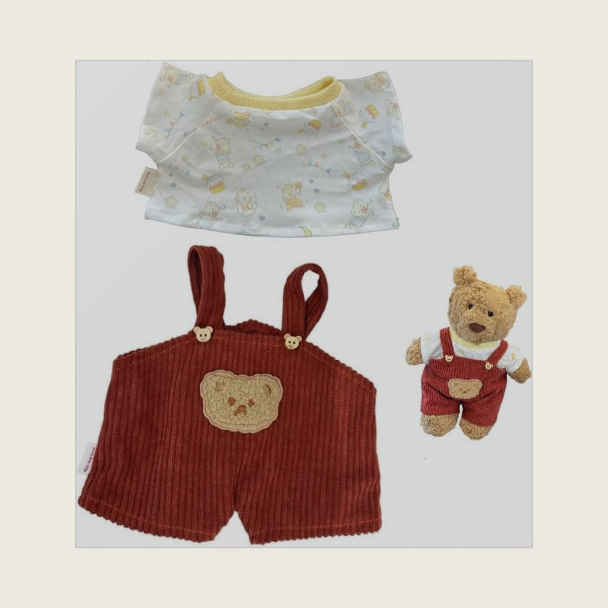 9-12"/30cm Teddy Bear Clothes Corduroy Overalls Stuffed Animals Cotton Tee 2-Piece Set for Medium Bartholomew Bears（NO Doll）