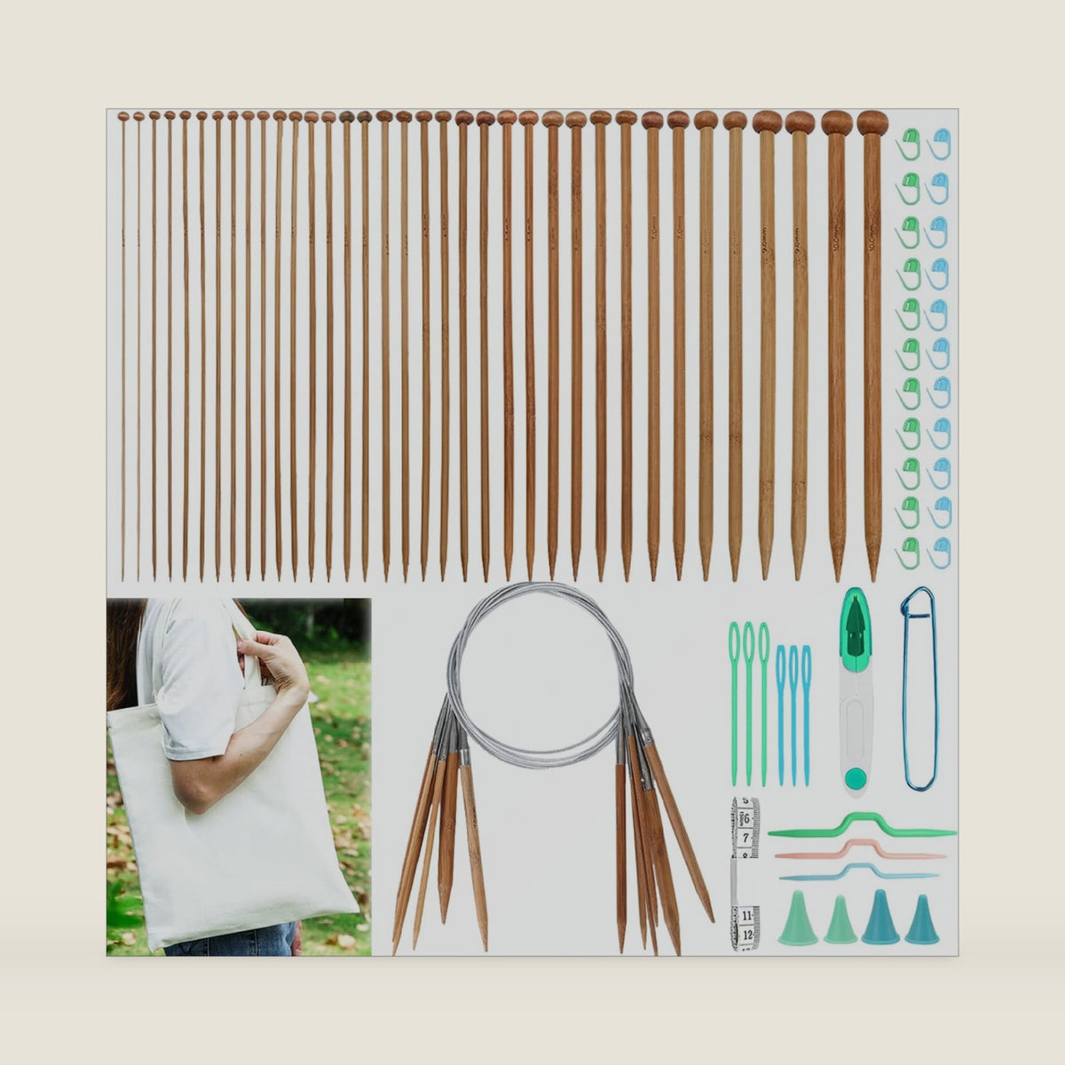Hobekoee Bamboo Knitting Needles Set,36Pcs 9.8" Straight Single Pointed Bamboo Knitting Needles Set and 8Pcs 32" Circular Knitting Needles Kit with Storage Bag for Beginners Knitting Lovers