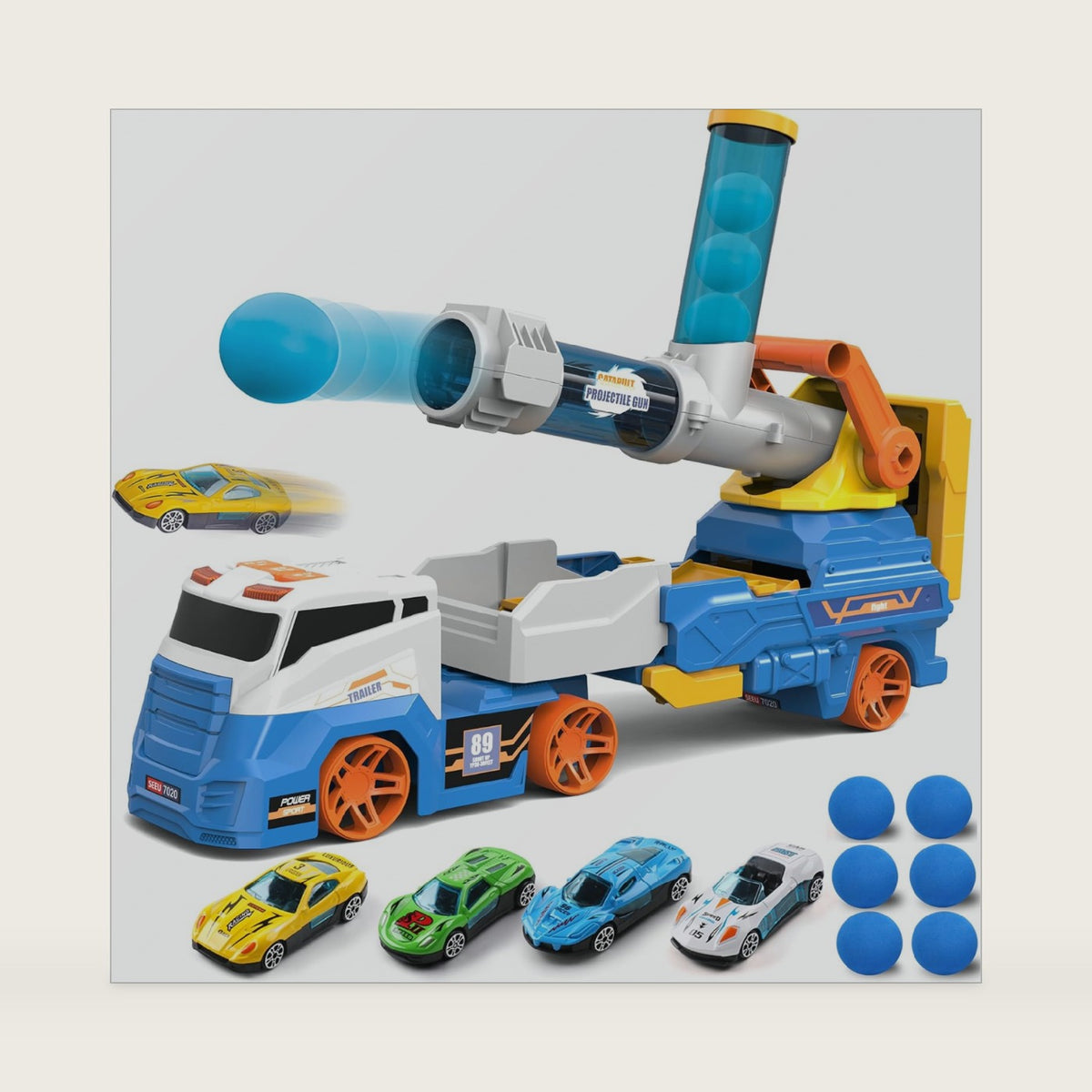 Dwi Dowellin Truck Toys Kids Toys, 28"Carrie Truck Race Track Car Toys Include 4 Race Cars+6 Soft Balls, Light&Sound, Eejection&Shooting Transport Trucks Toy, Xmas Gifts for Toddlers 3+ Year Old-Blue
