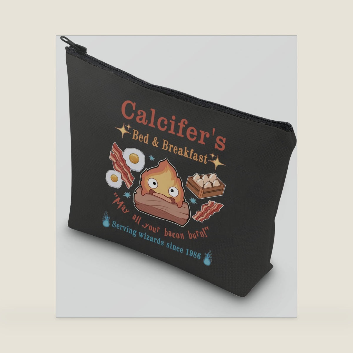 Calcifer's Bed & Breakfast Makeup Bag Anime Lover Gift for Women Mother Best Friend (BLK-Calcifer's bag)