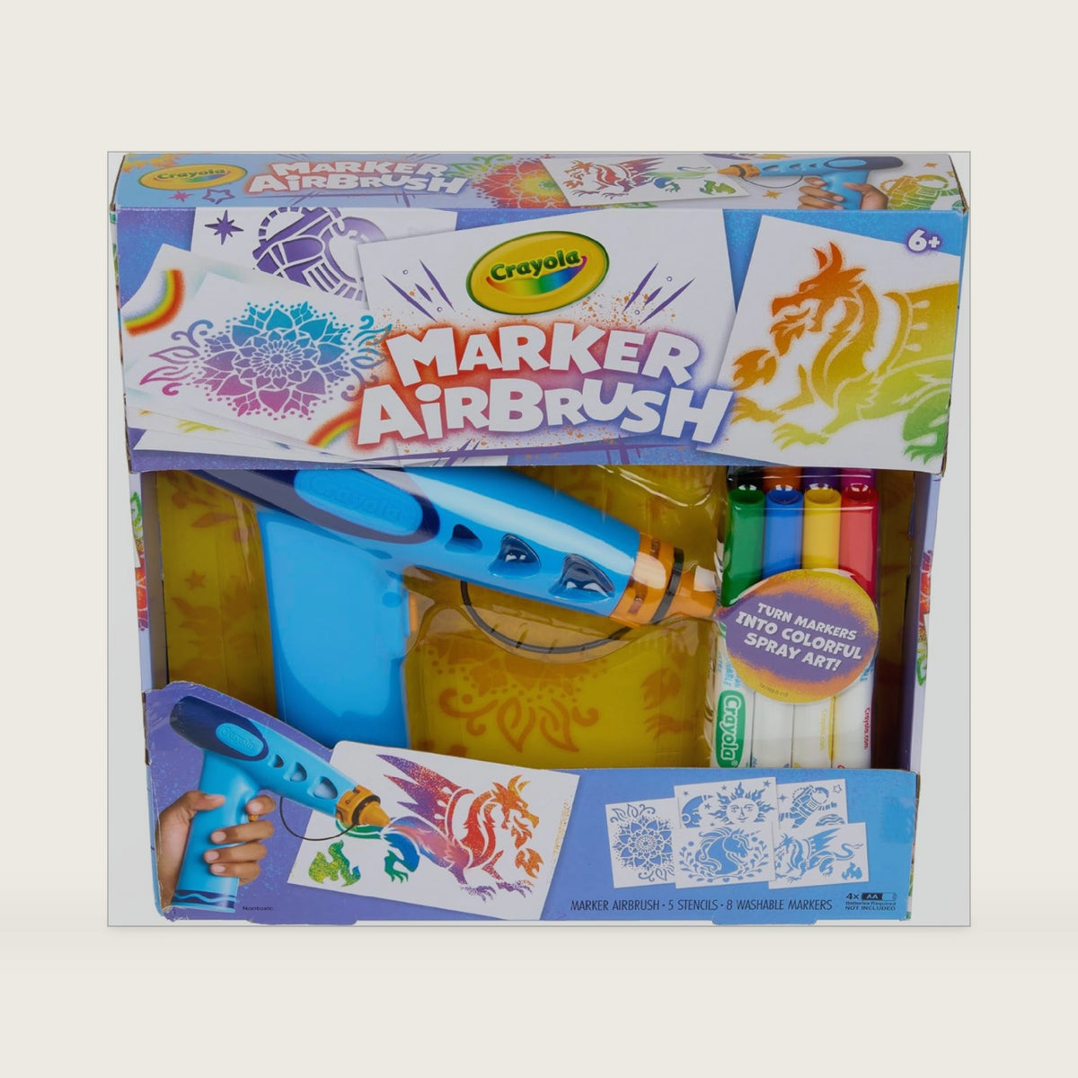 Crayola Marker Airbrush Spray Art Kit, 8 Washable Markers, 5 Stencils