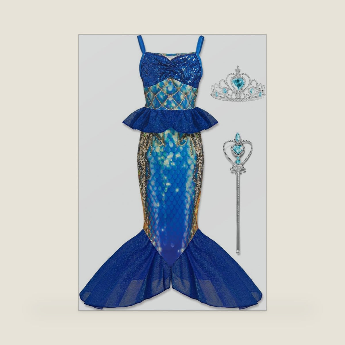 Mermaid Costume for Girls with Crown & Scepter 3-12 Years