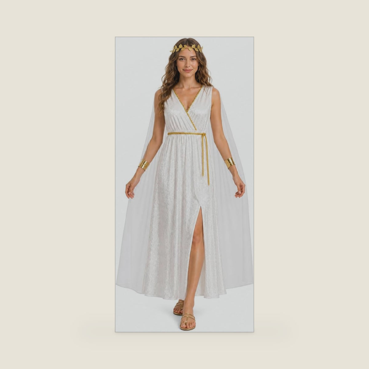 Greek Goddess Costume for Women, White Toga Dress with Cape & Gold Set