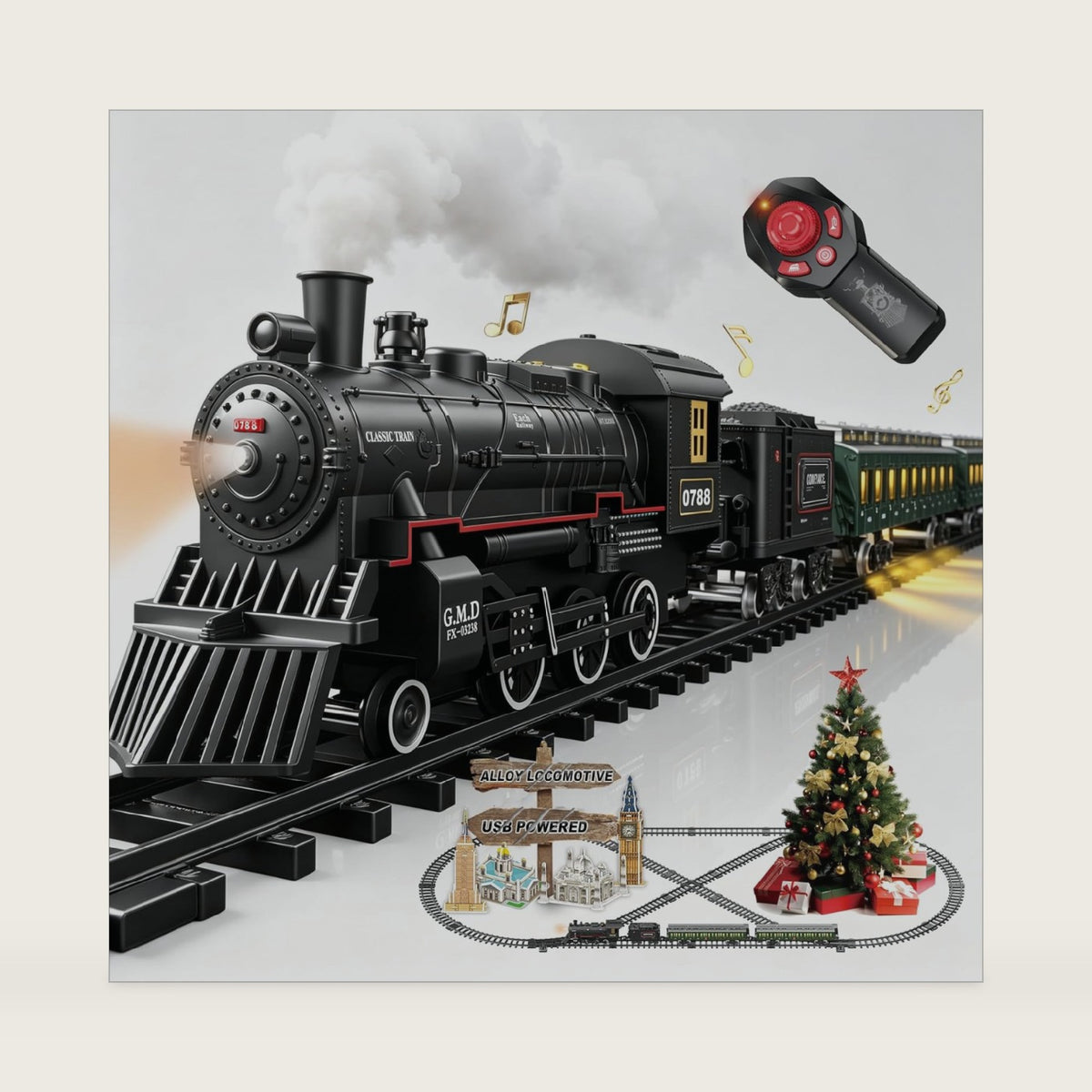 Electric Train Sets Remote Control for Kids Metal Alloy Christmas Train Toys Steam Locomotive Glowing Passenger Carriages Luxury Tracks Light & Sounds Rechargeable Birthday Gifts for Boys Girls Green