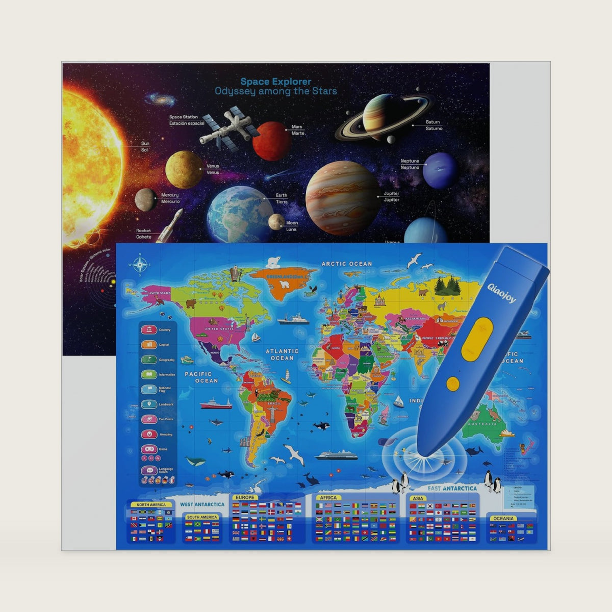 Qiaojoy Bilingual Interactive World Map for Kids Learning and Educational Toys, Talking Electronic Kids World Map i-Poster Geography Games Ages 3 to 12 Years Old, Custom Talking Birthday Gifts Card
