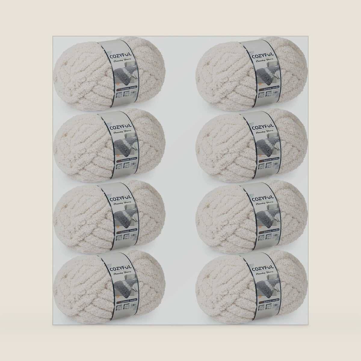Cozyful Chunky Yarn for Hand Knitting - #10 Chunky Chenille Yarn, Jumbo Big Thick Chunky Yarns for Crocheting, Super Bulky Chunky Knit Blanket Yarns, 8 Skein (22 yds 8 oz Each Skein), Beige White