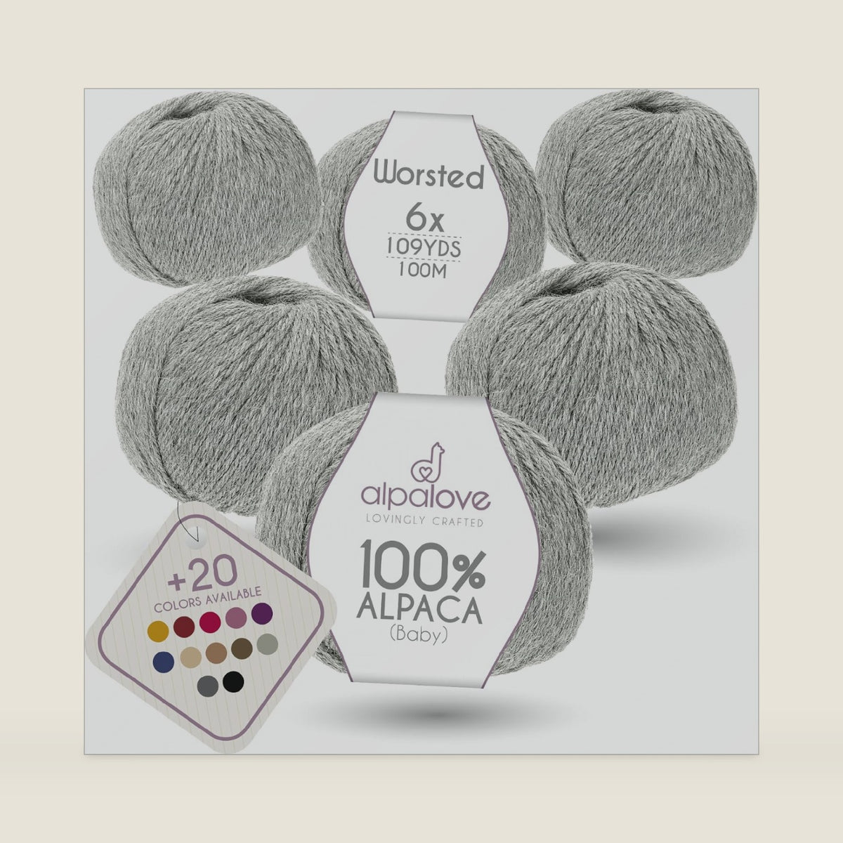 Worsted Alpaca Yarn Set, Soft 100% Baby Alpaca, 6 Skeins, 656 Yards, Light Gray