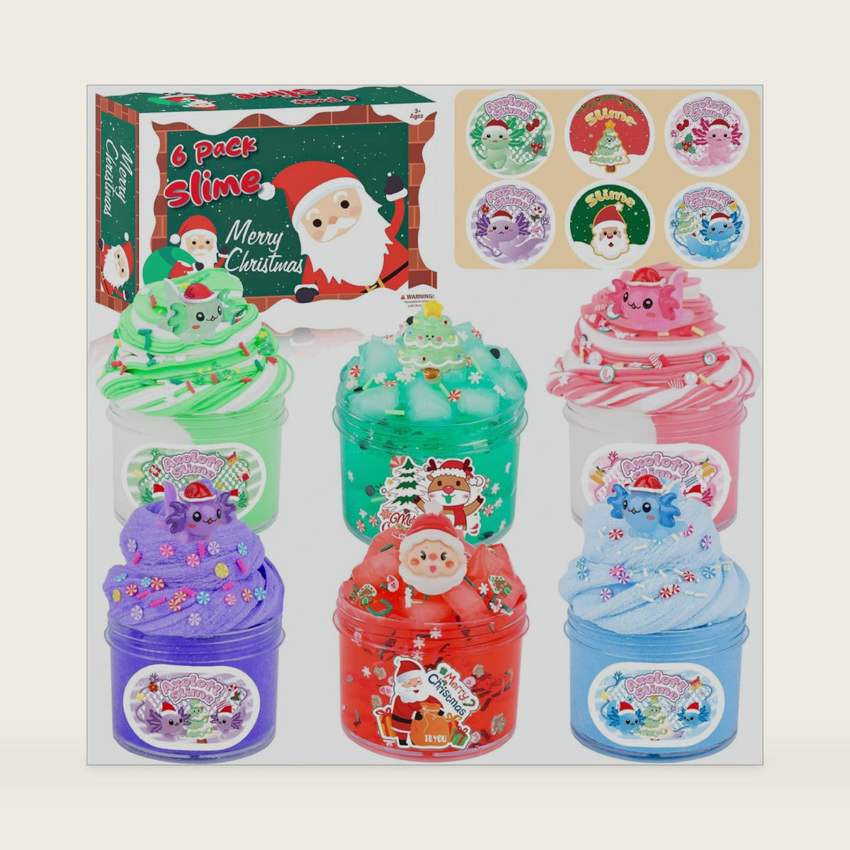 Christmas Slime Kit for Kids - 6 Pack Axolotl Slime with Butter, Cloud & Crunchy Jelly Cube Textures. Soft & Non-Sticky, Birthday Gifts, Xmas Stocking Stuffers & Party Favors for Girls and Boys