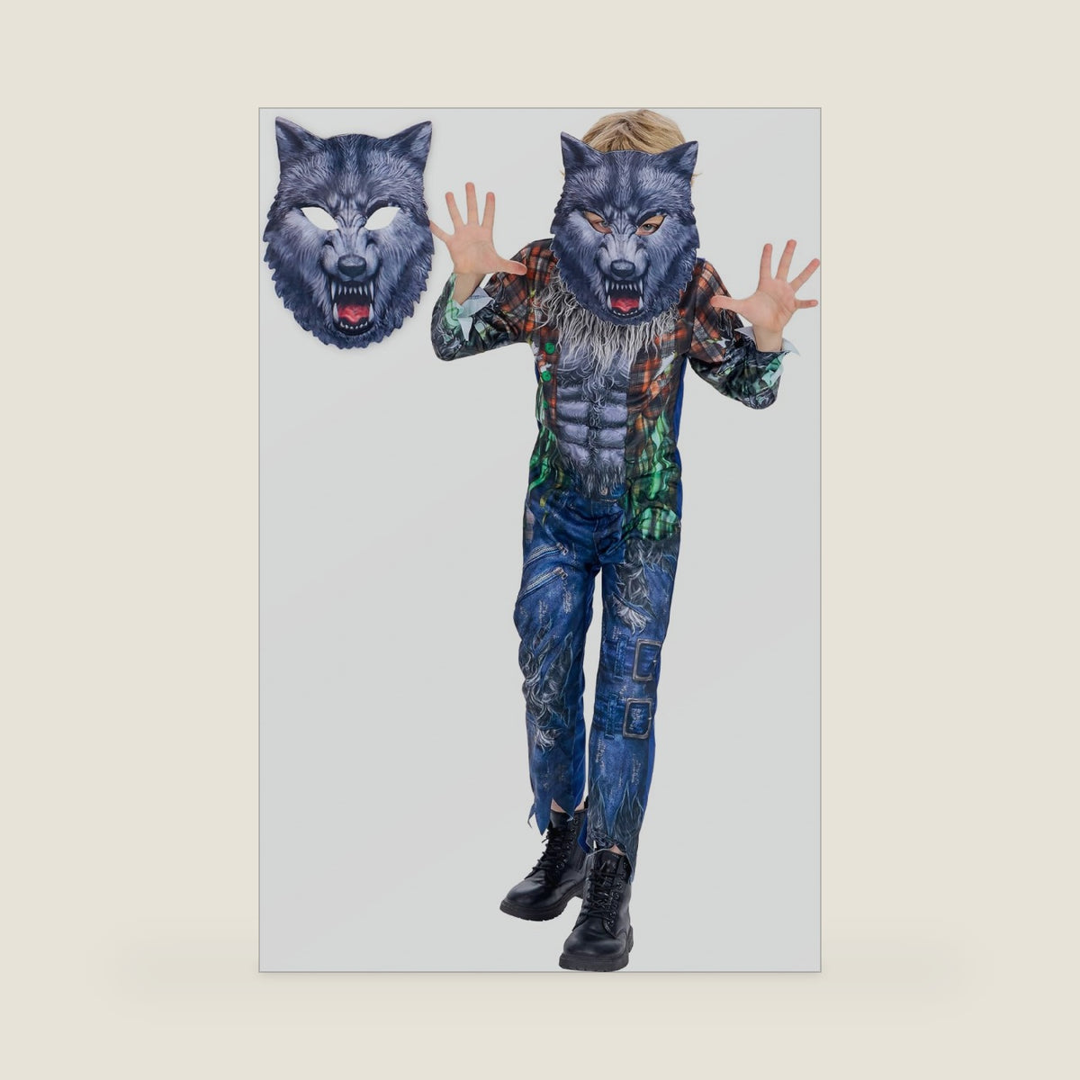 Boys Werewolf Costume, 2 Pcs Howling Wolf Suit Jumpsuit with Mask for Kids Girls Halloween Dress Up 3-12 Years